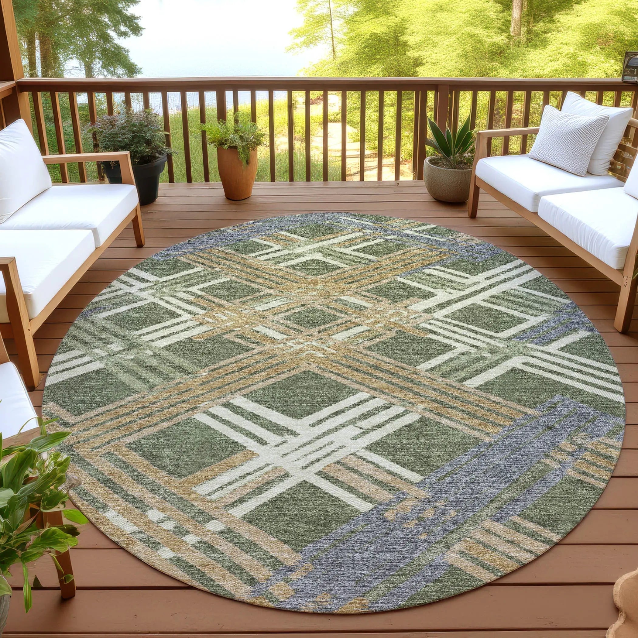 8' Olive Green And Ivory Round Geometric Washable Indoor Outdoor Area Rug Homeroots Outdoor
