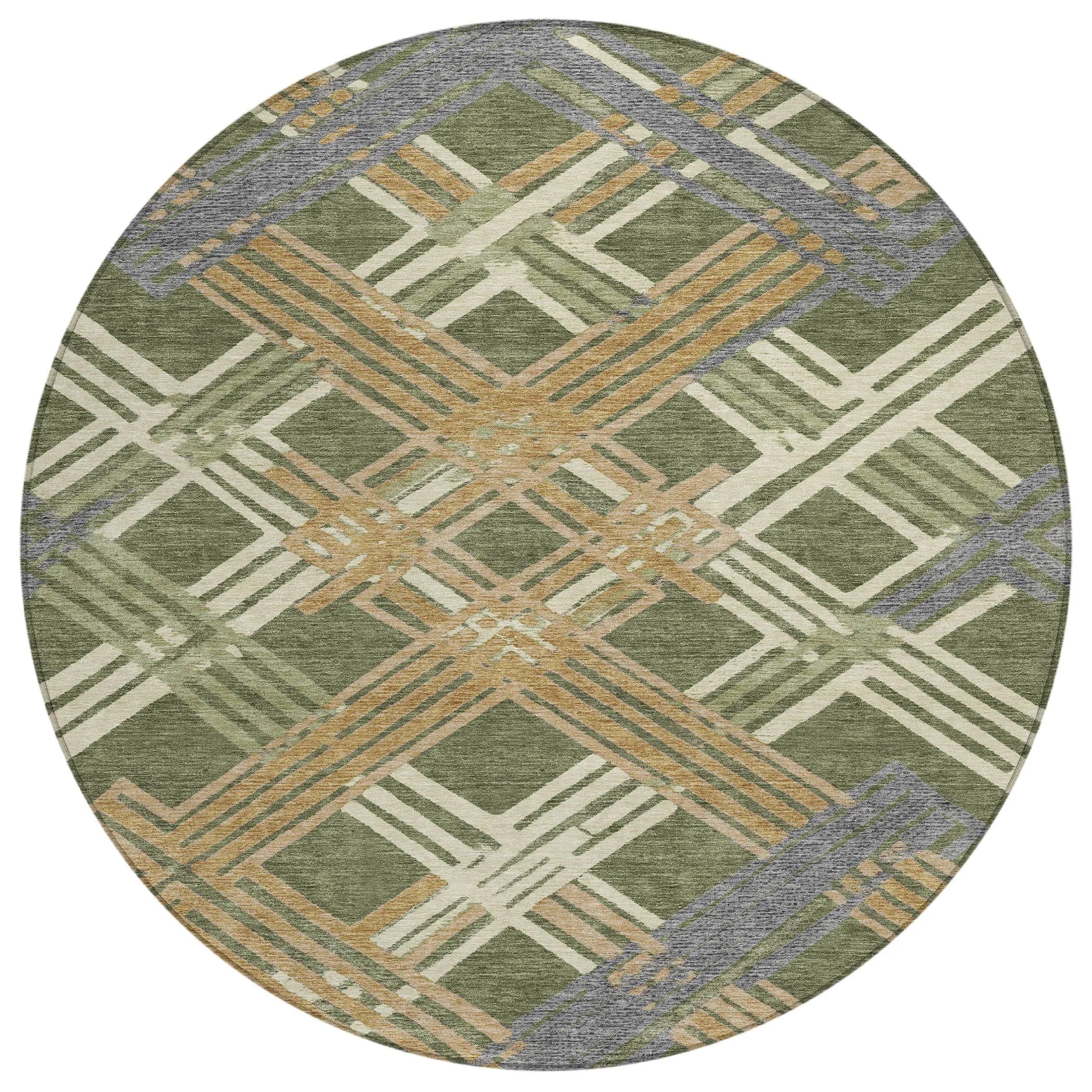 8' Olive Green And Ivory Round Geometric Washable Indoor Outdoor Area Rug Homeroots Outdoor