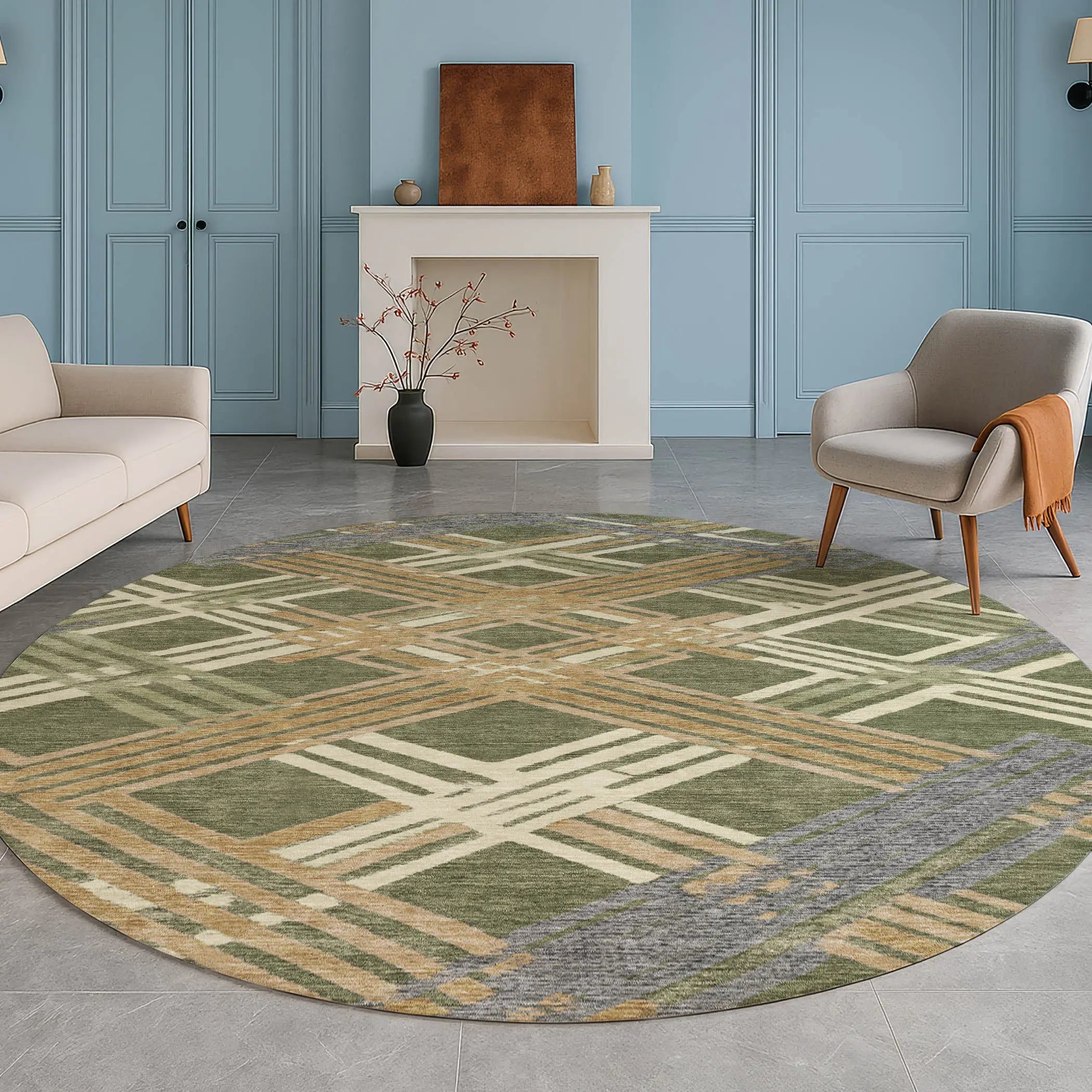 8' Olive Green And Ivory Round Geometric Washable Indoor Outdoor Area Rug Homeroots Outdoor