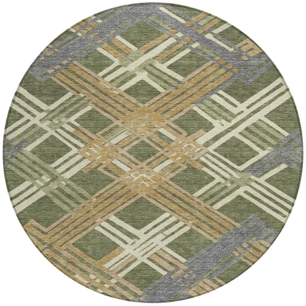 8' Olive Green And Ivory Round Geometric Washable Indoor Outdoor Area Rug Homeroots Outdoor