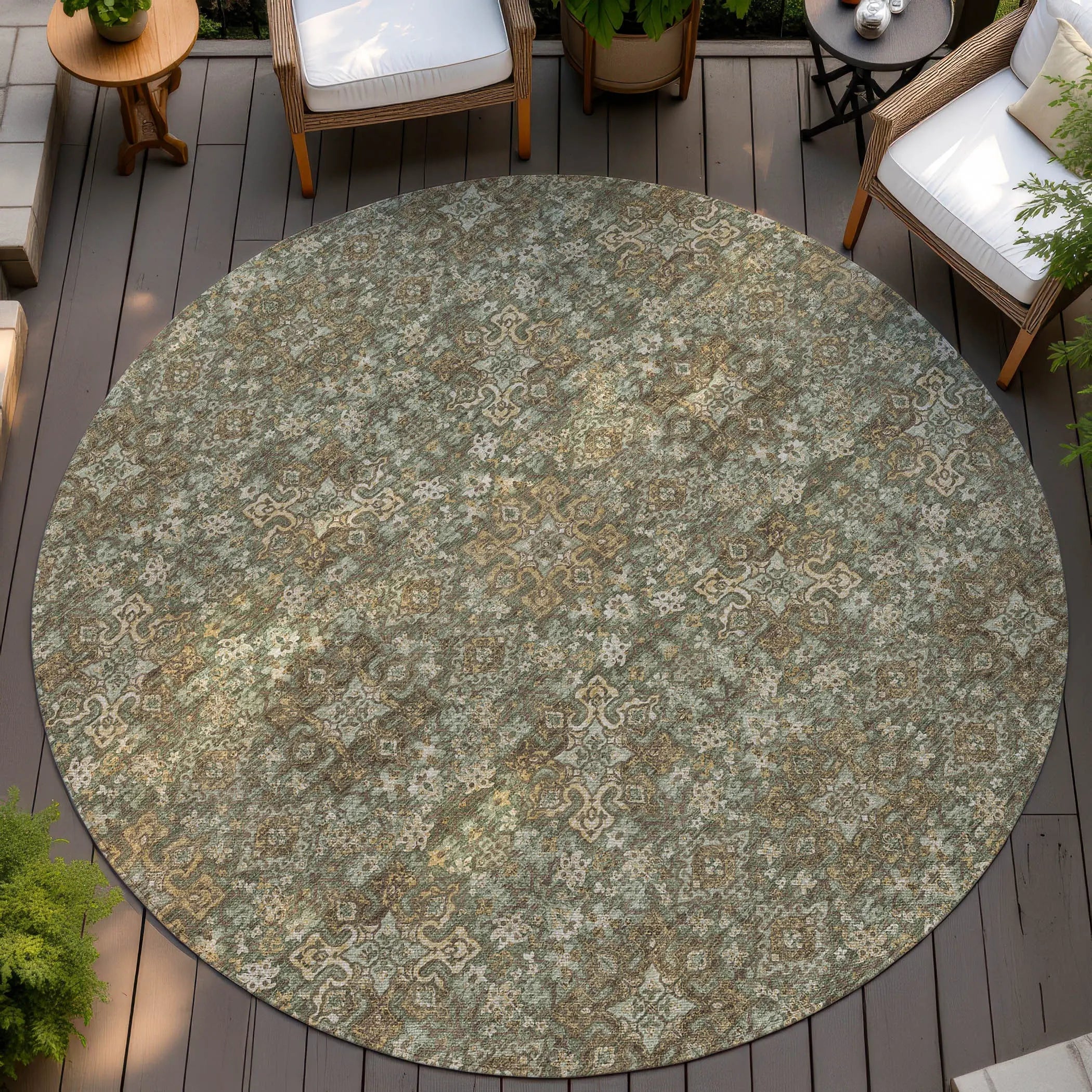 8' Olive Green And Ivory Round Oriental Washable Indoor Outdoor Area Rug Homeroots Outdoor