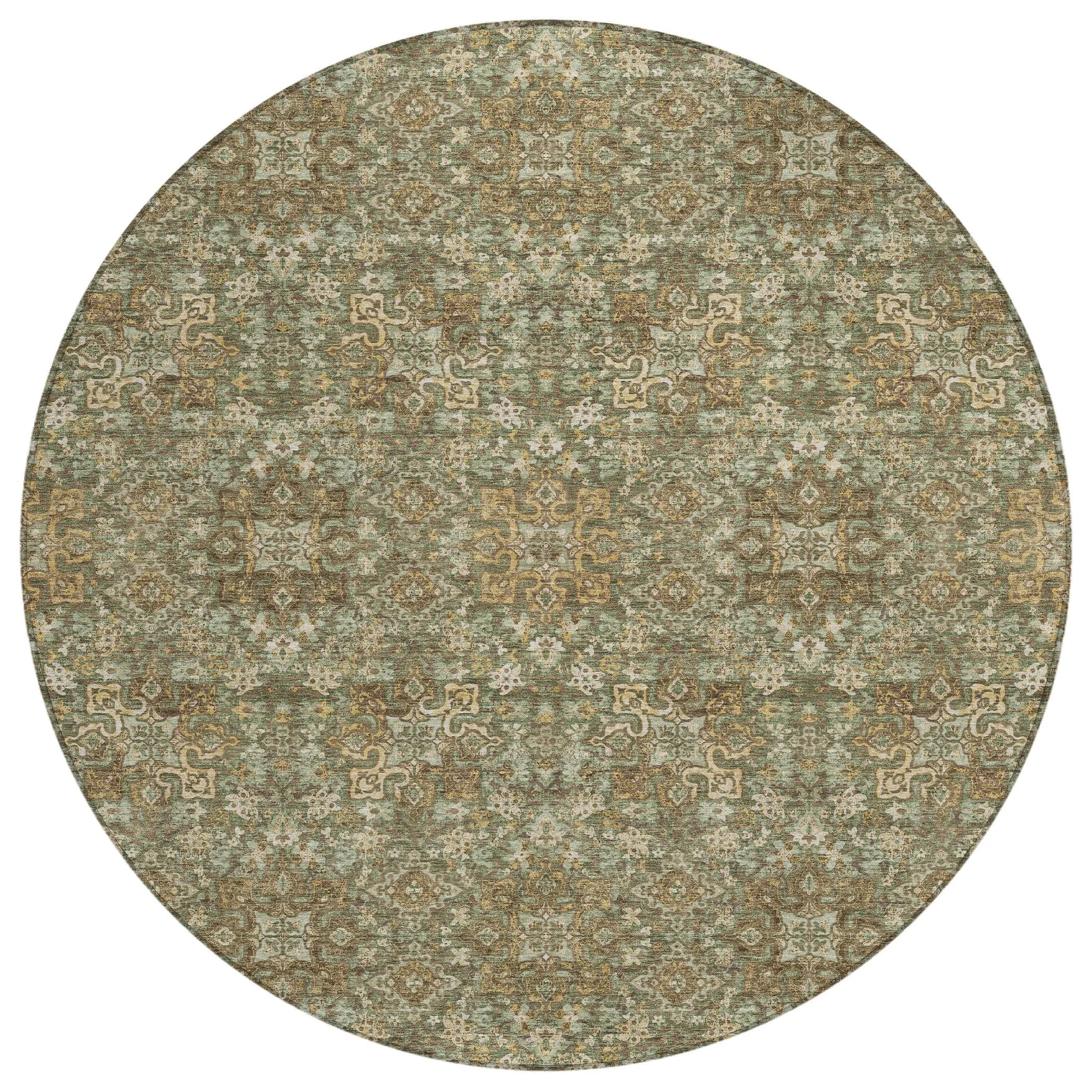 8' Olive Green And Ivory Round Oriental Washable Indoor Outdoor Area Rug Homeroots Outdoor