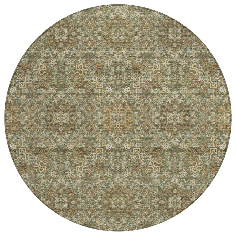 8' Olive Green And Ivory Round Oriental Washable Indoor Outdoor Area Rug Homeroots Outdoor