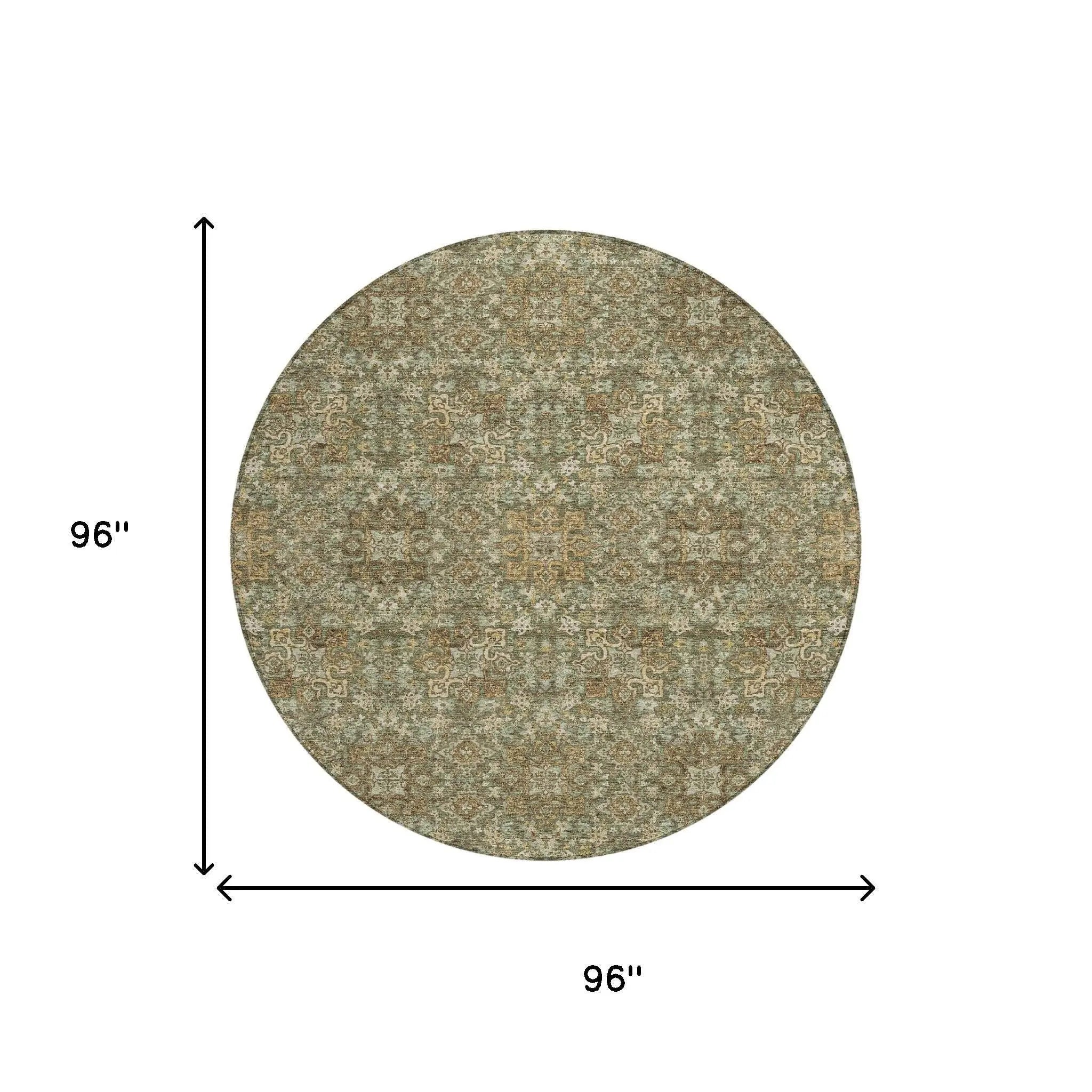 8' Olive Green And Ivory Round Oriental Washable Indoor Outdoor Area Rug Homeroots Outdoor