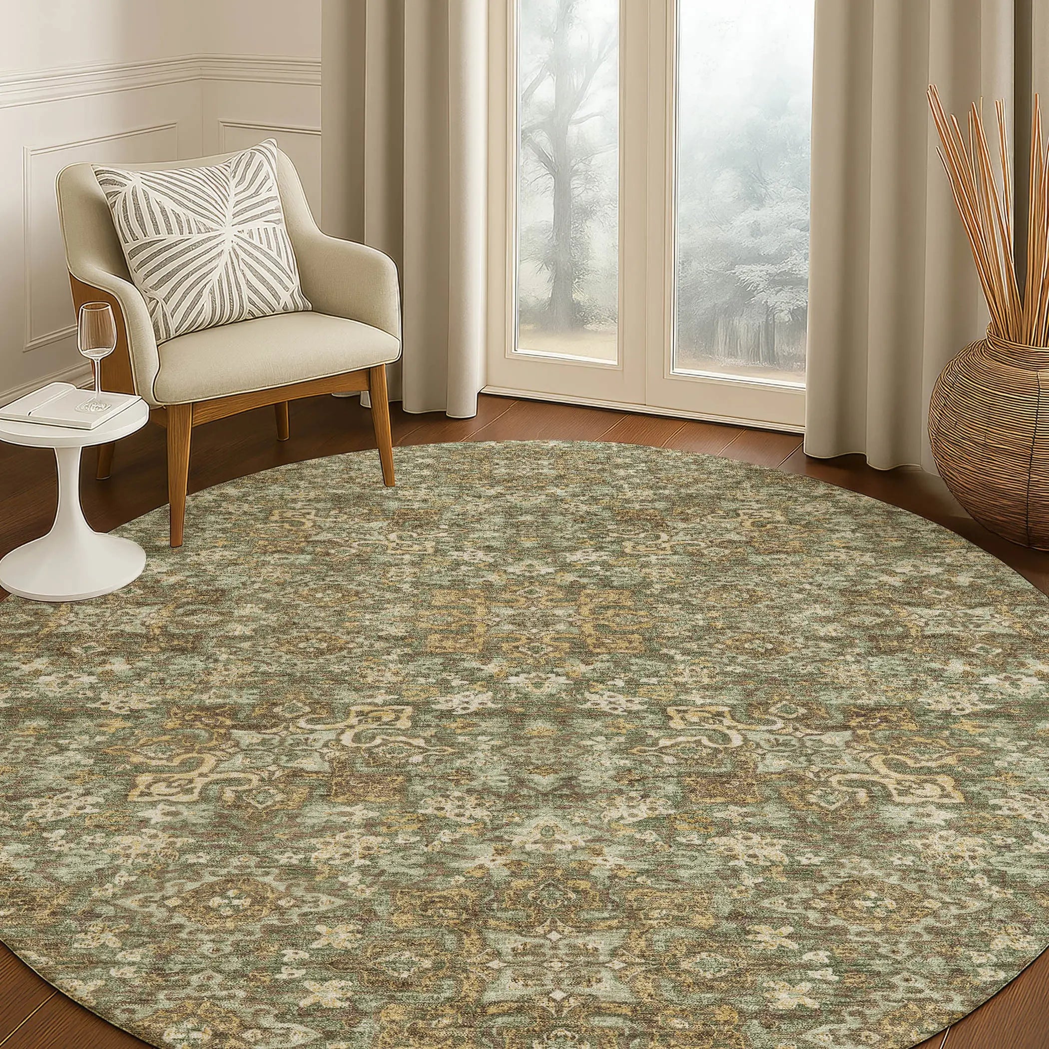 8' Olive Green And Ivory Round Oriental Washable Indoor Outdoor Area Rug Homeroots Outdoor