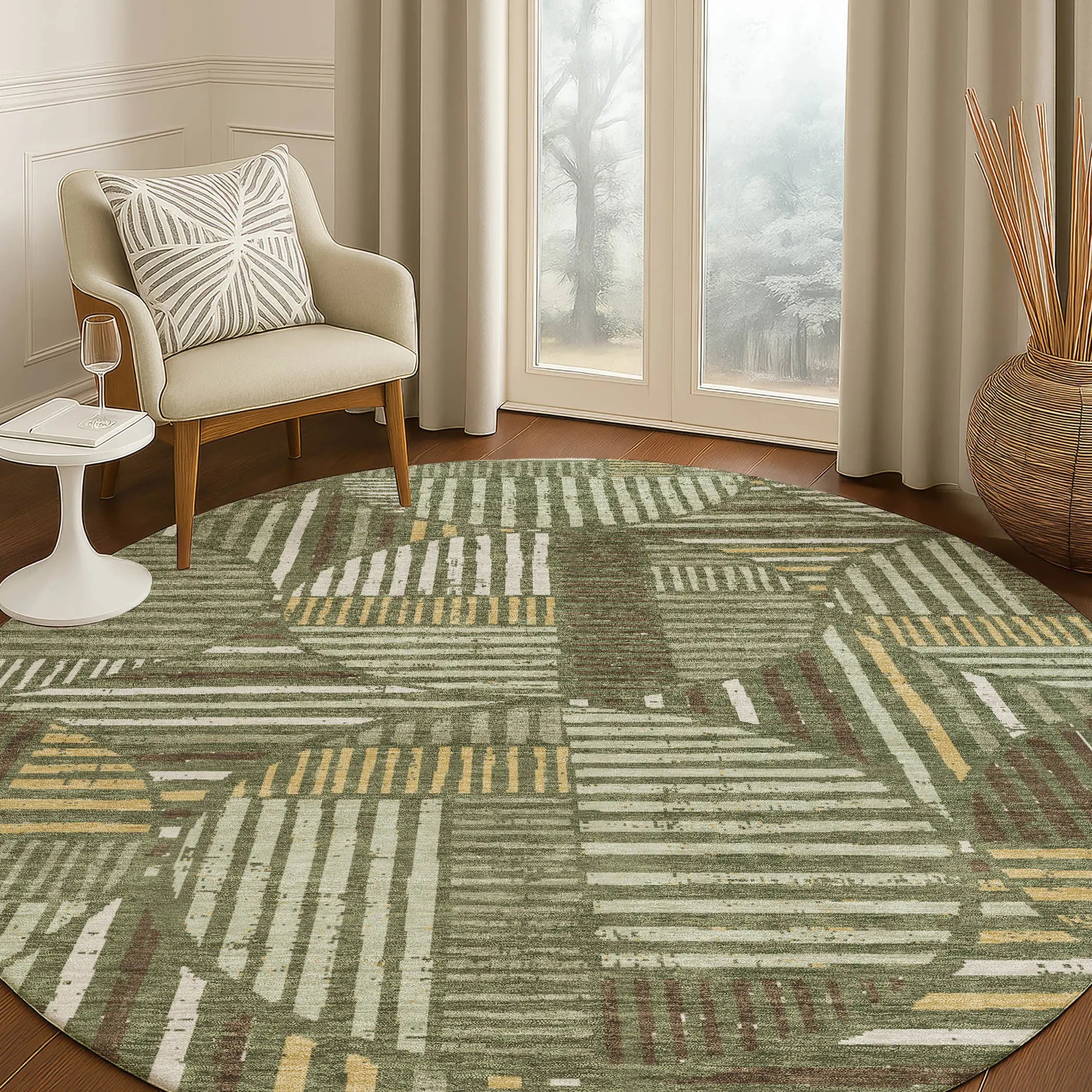 8' Olive Green And Khaki Round Geometric Washable Indoor Outdoor Area Rug Homeroots Outdoor