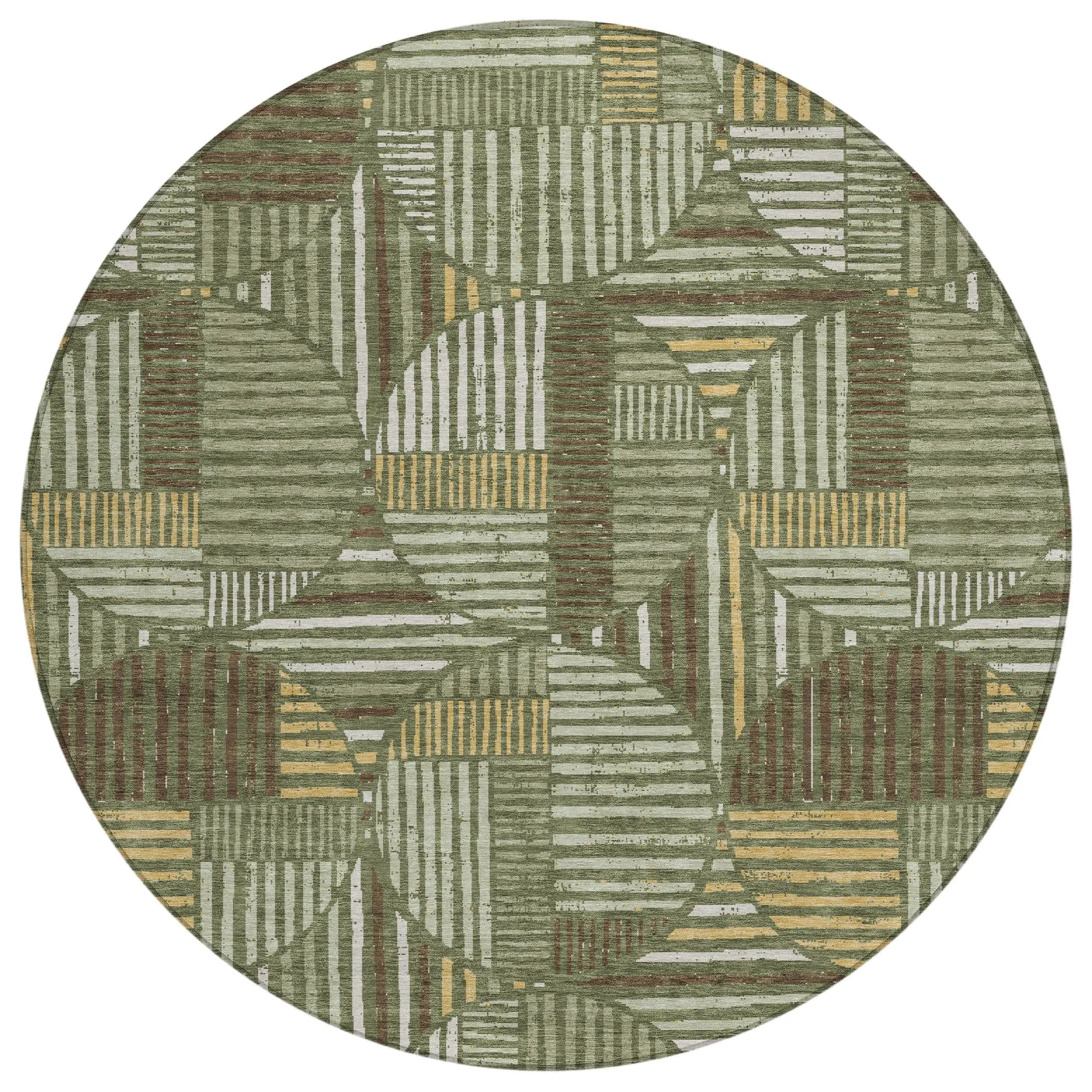 8' Olive Green And Khaki Round Geometric Washable Indoor Outdoor Area Rug Homeroots Outdoor