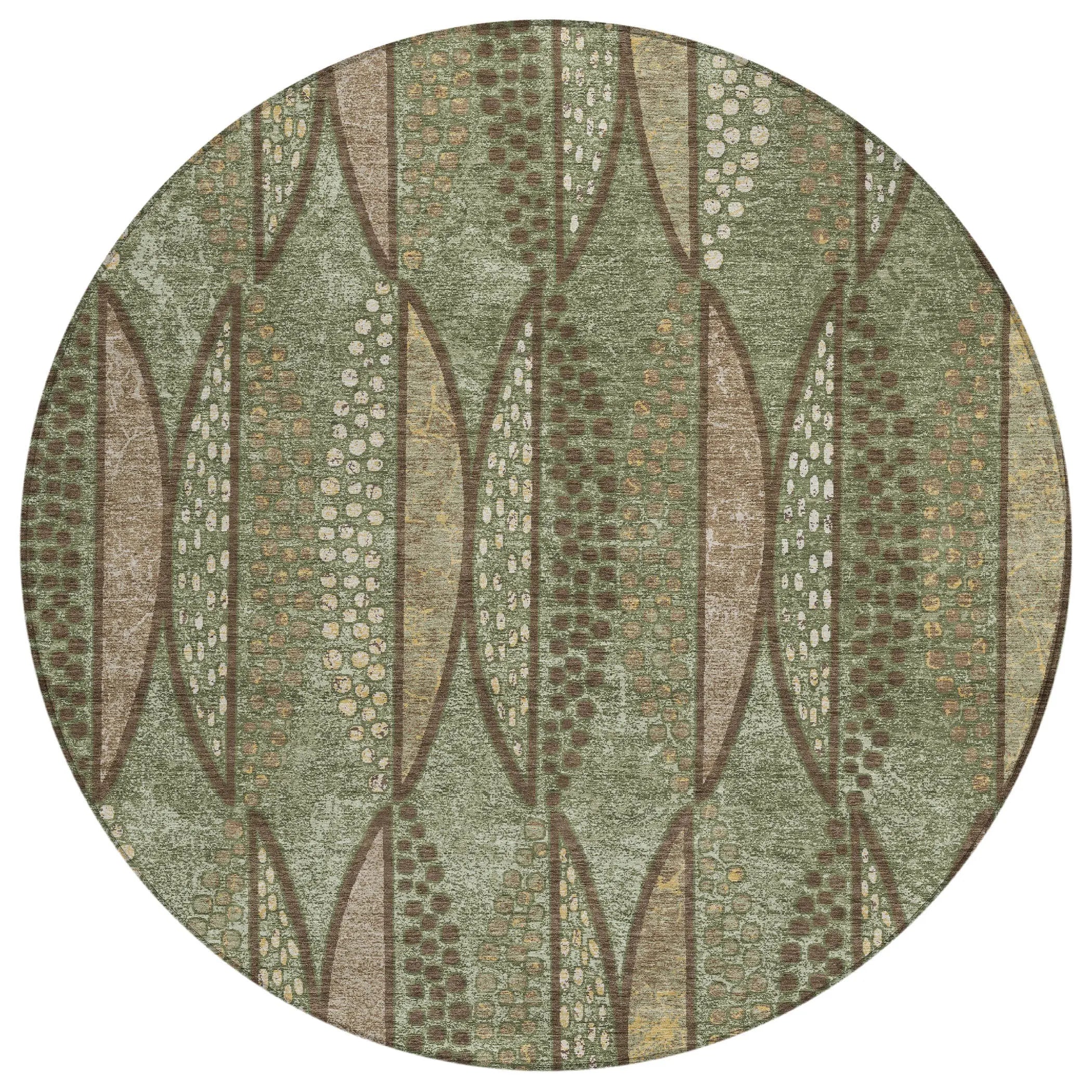 8' Olive Green And Linen Round Geometric Washable Indoor Outdoor Area Rug Homeroots Outdoor
