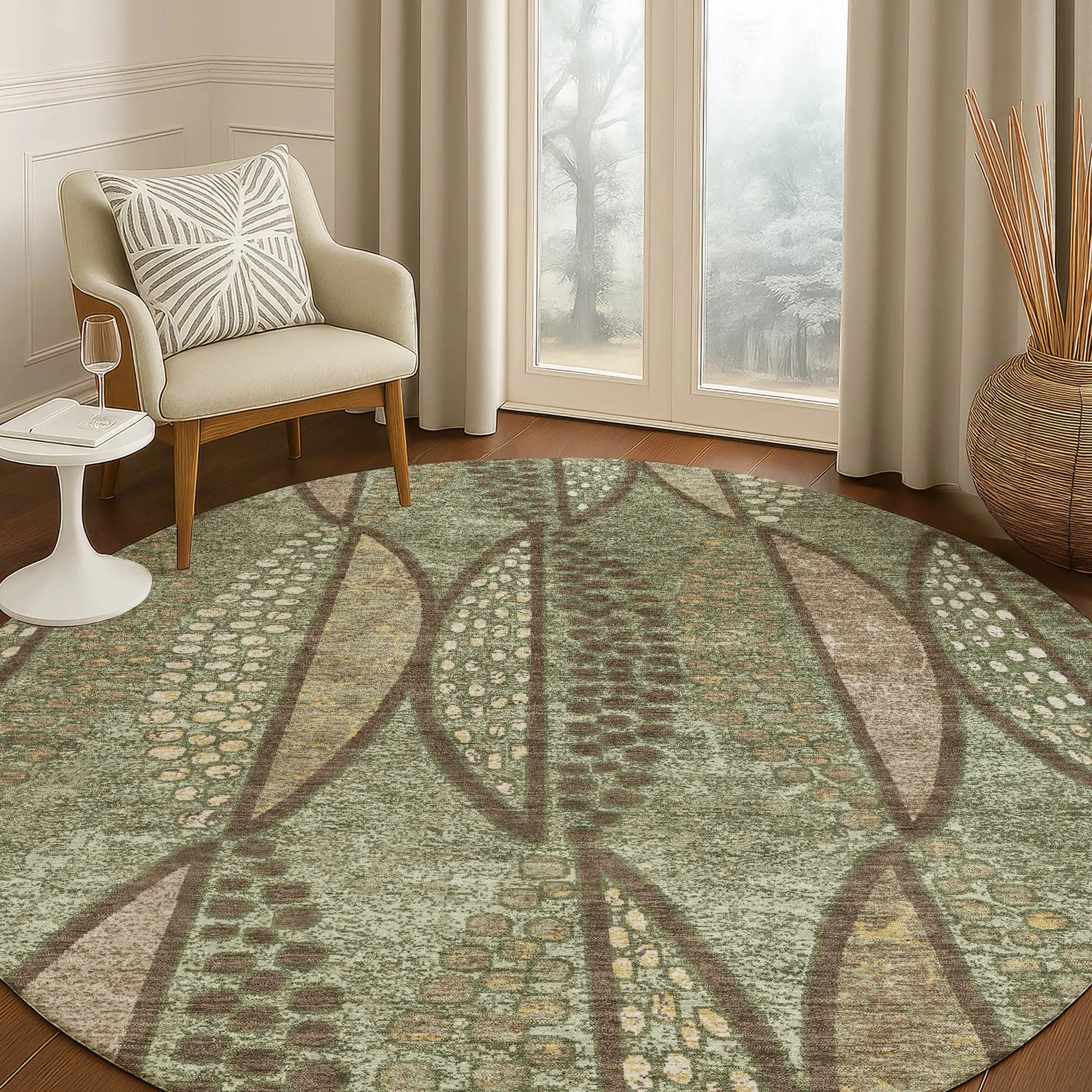 8' Olive Green And Linen Round Geometric Washable Indoor Outdoor Area Rug Homeroots Outdoor