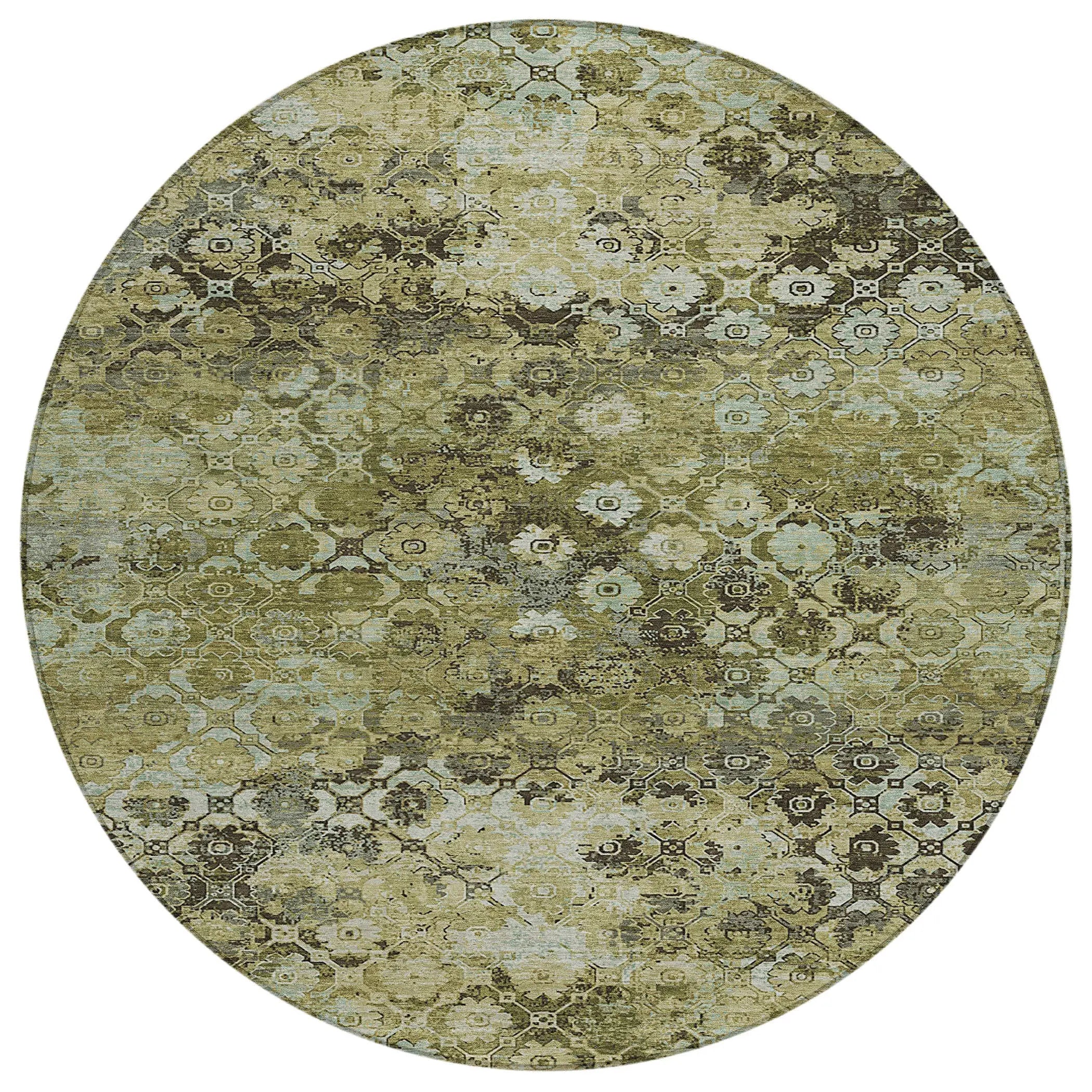 8' Olive Green And Mint Green Round Abstract Washable Indoor Outdoor Area Rug Homeroots Outdoor