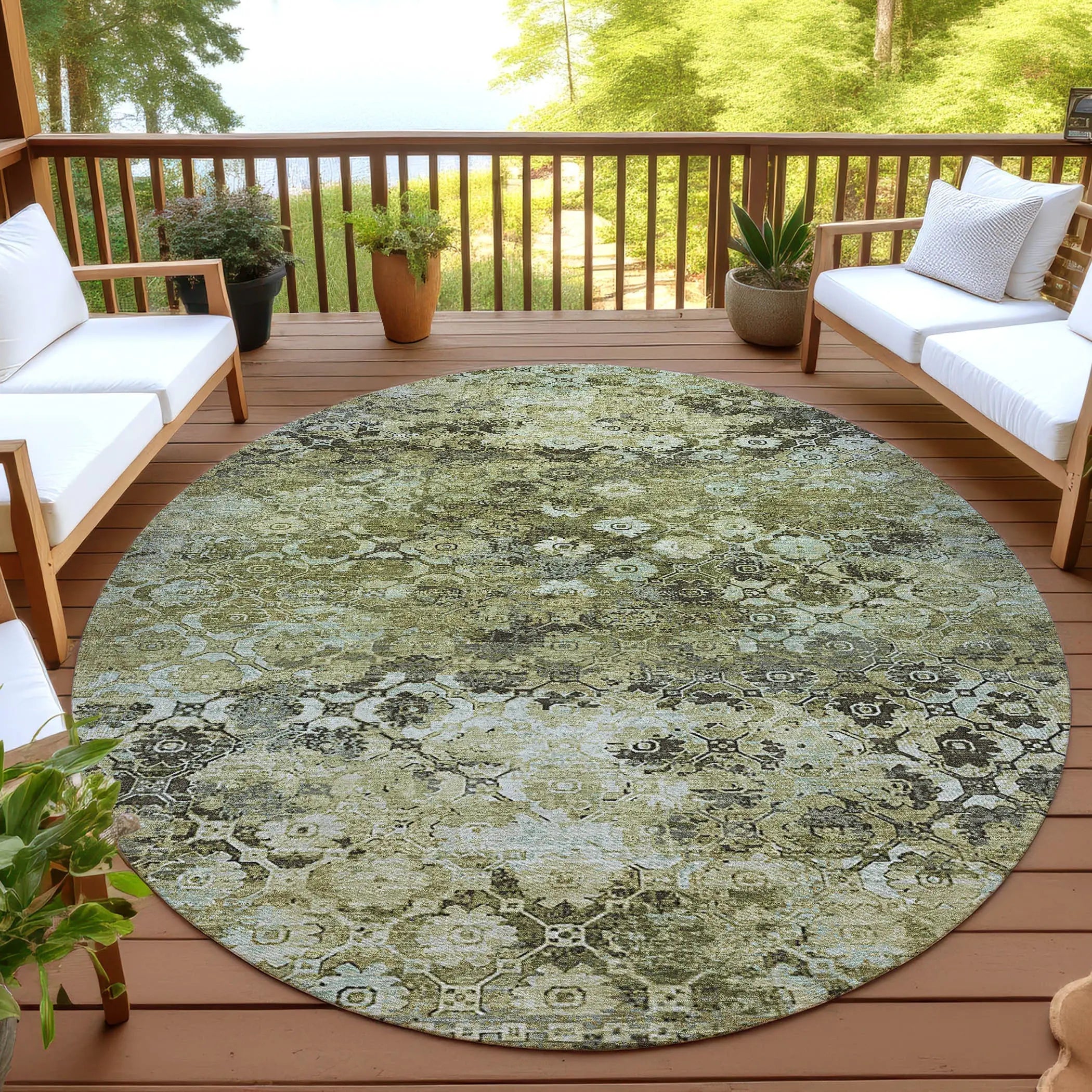 8' Olive Green And Mint Green Round Abstract Washable Indoor Outdoor Area Rug Homeroots Outdoor