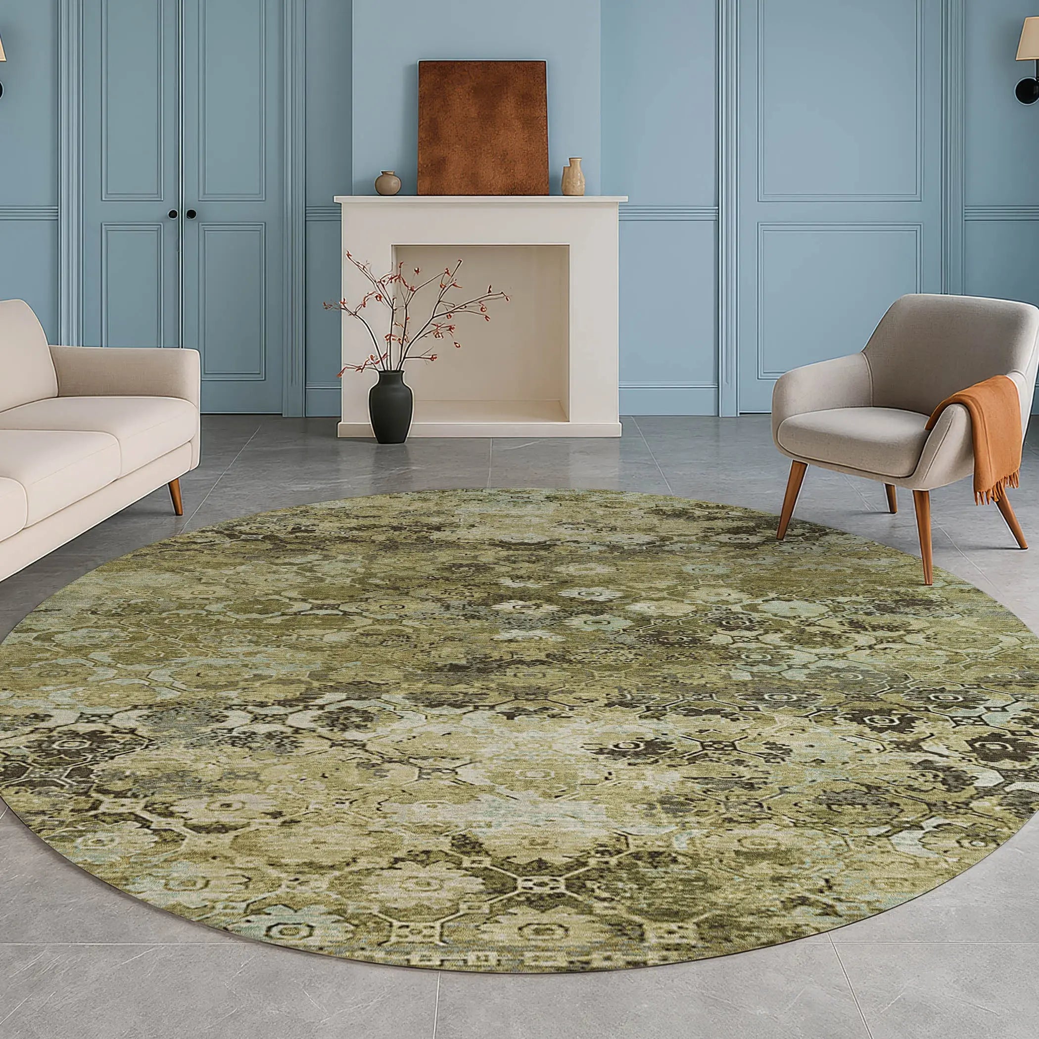 8' Olive Green And Mint Green Round Abstract Washable Indoor Outdoor Area Rug Homeroots Outdoor