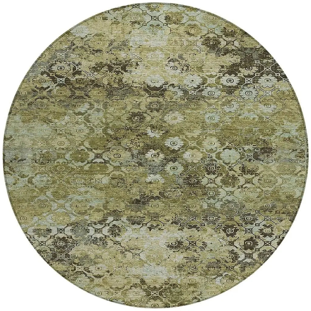 8' Olive Green And Mint Green Round Abstract Washable Indoor Outdoor Area Rug Homeroots Outdoor