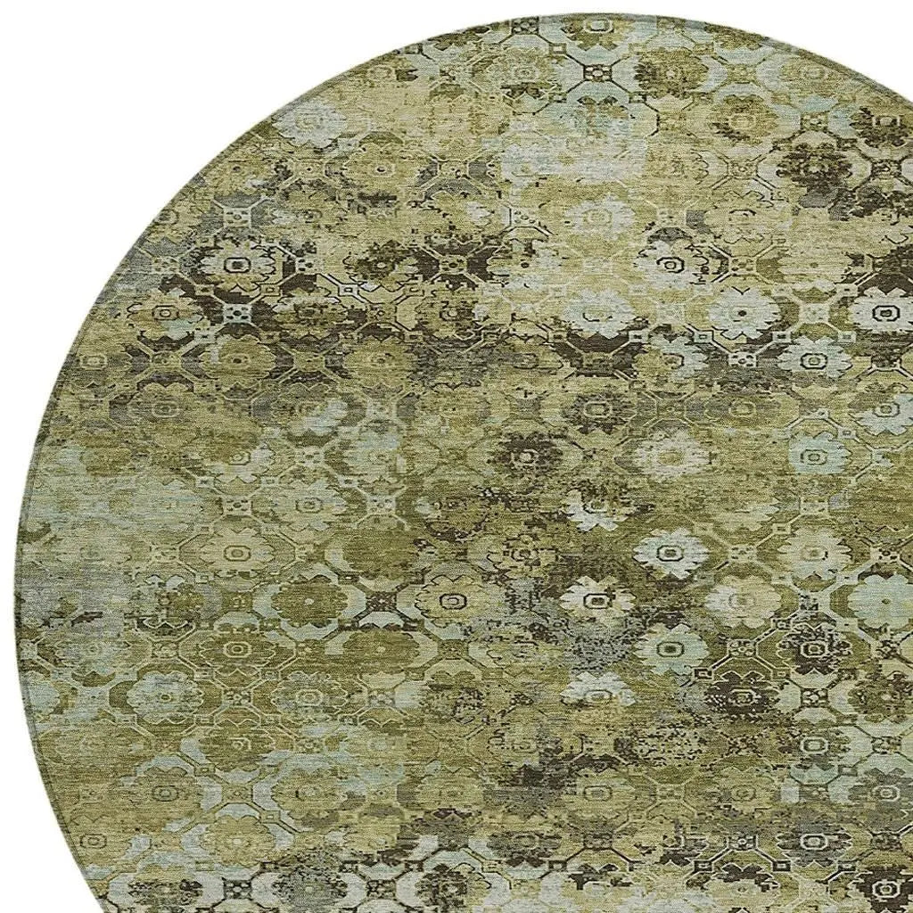 8' Olive Green And Mint Green Round Abstract Washable Indoor Outdoor Area Rug Homeroots Outdoor
