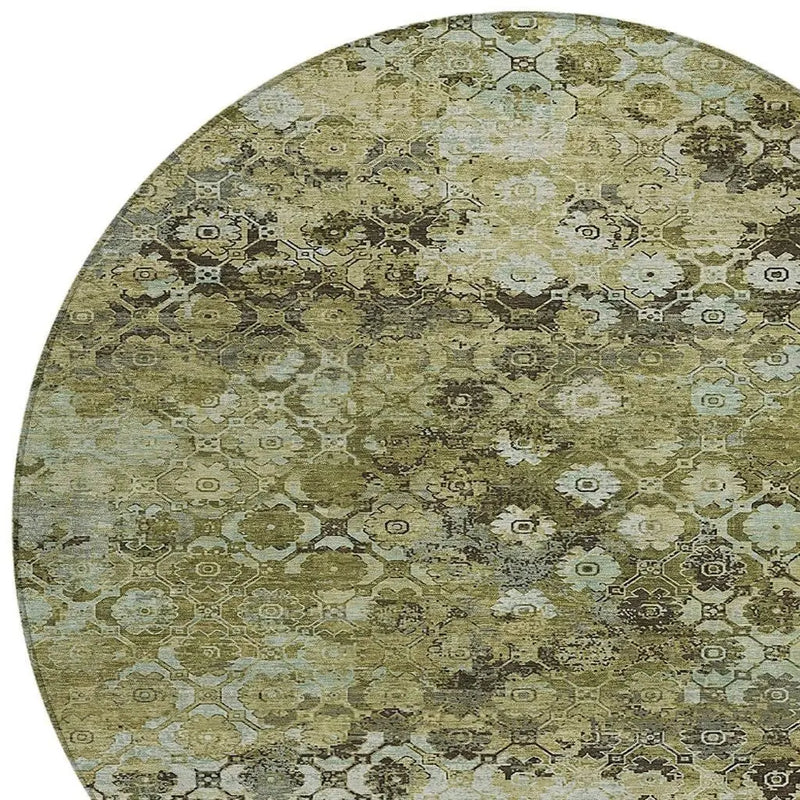 8' Olive Green And Mint Green Round Abstract Washable Indoor Outdoor Area Rug Homeroots Outdoor