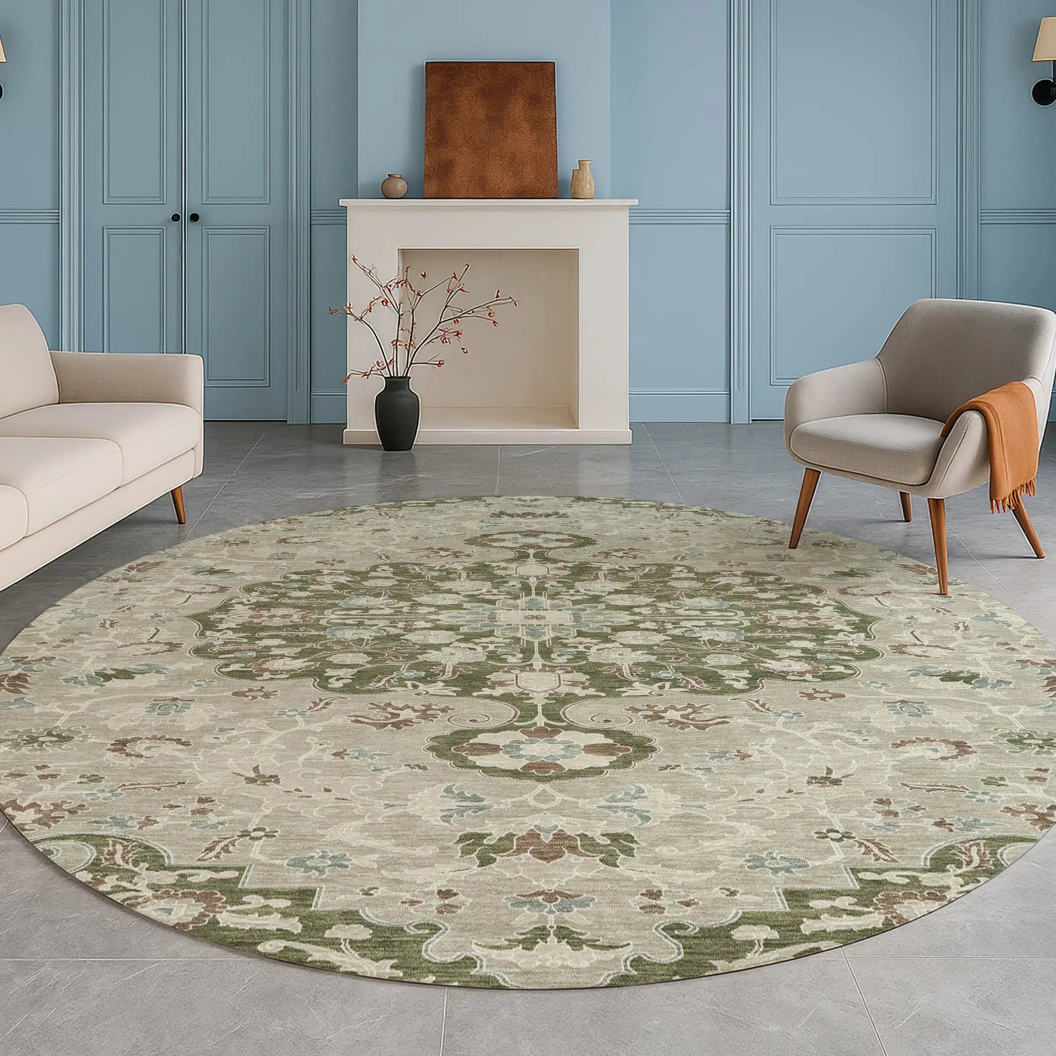 8' Olive Green And Sage Round Floral Medallion Washable Indoor Outdoor Area Rug Homeroots Outdoor