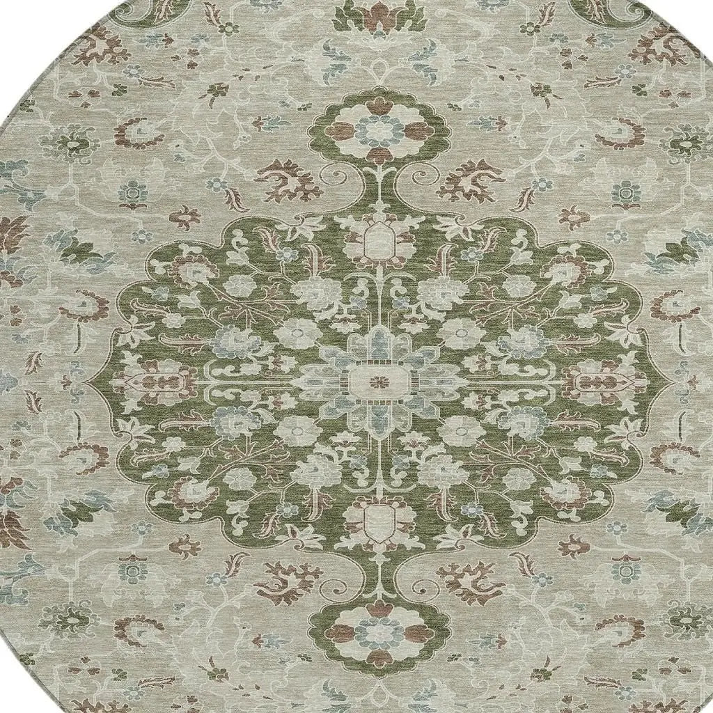 8' Olive Green And Sage Round Floral Medallion Washable Indoor Outdoor Area Rug Homeroots Outdoor