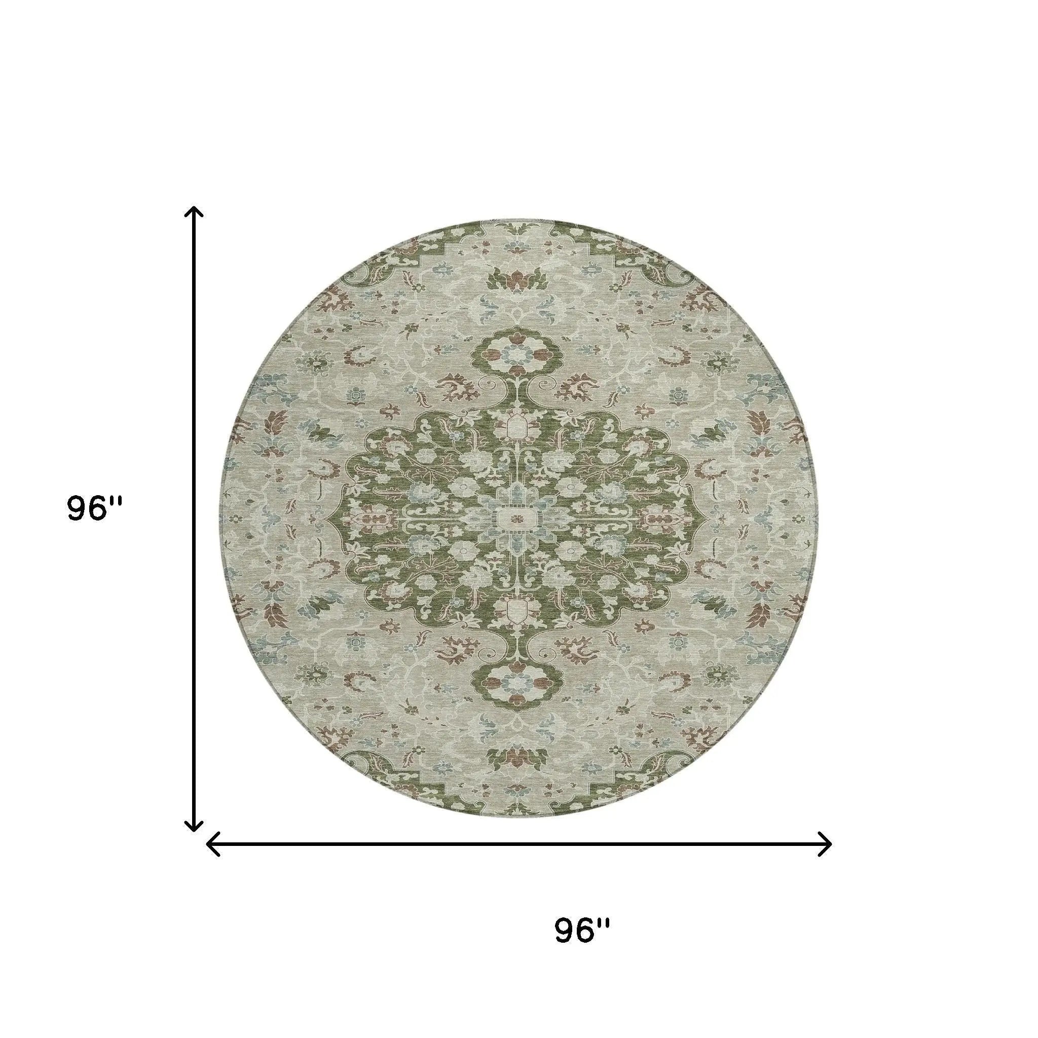 8' Olive Green And Sage Round Floral Medallion Washable Indoor Outdoor Area Rug Homeroots Outdoor