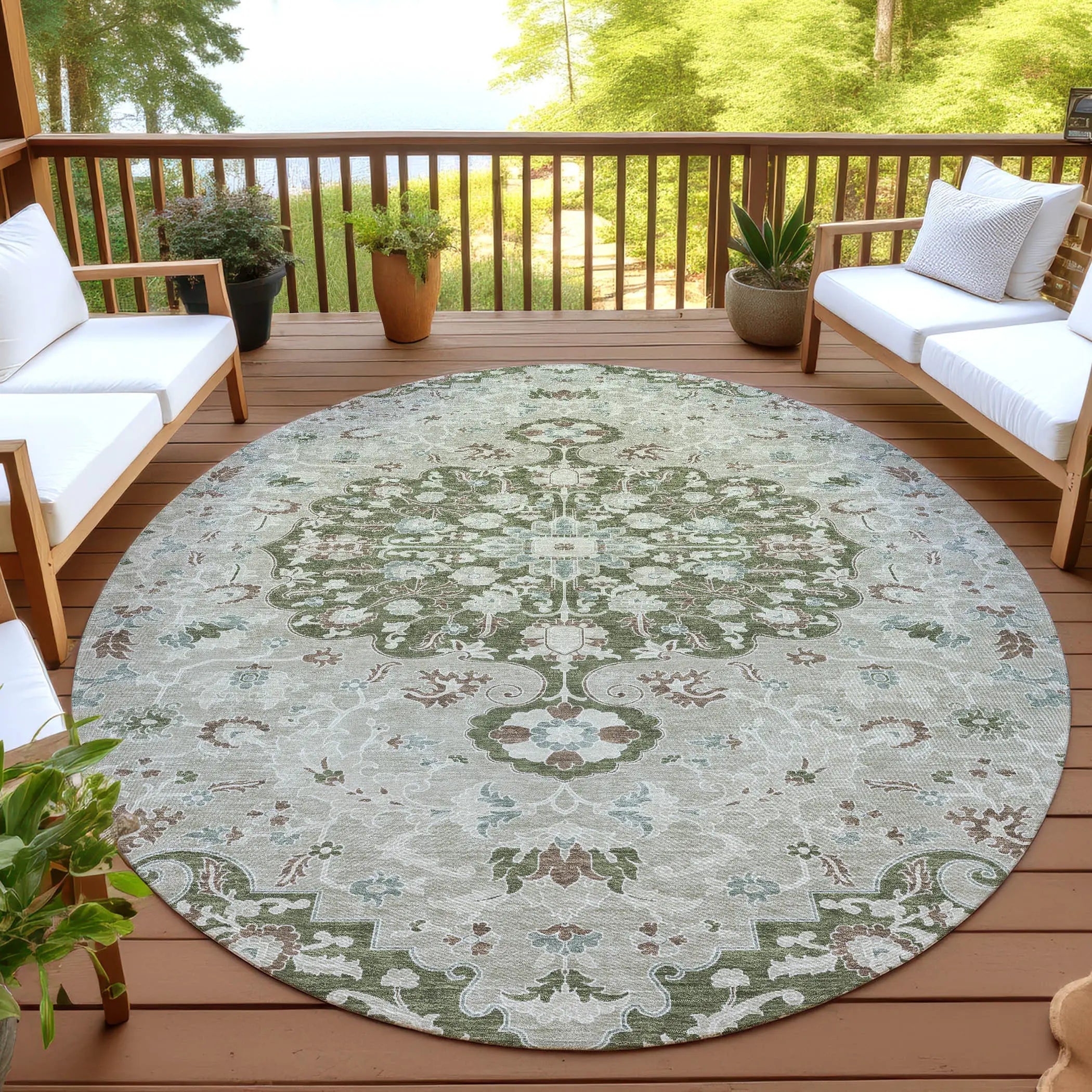 8' Olive Green And Sage Round Floral Medallion Washable Indoor Outdoor Area Rug Homeroots Outdoor