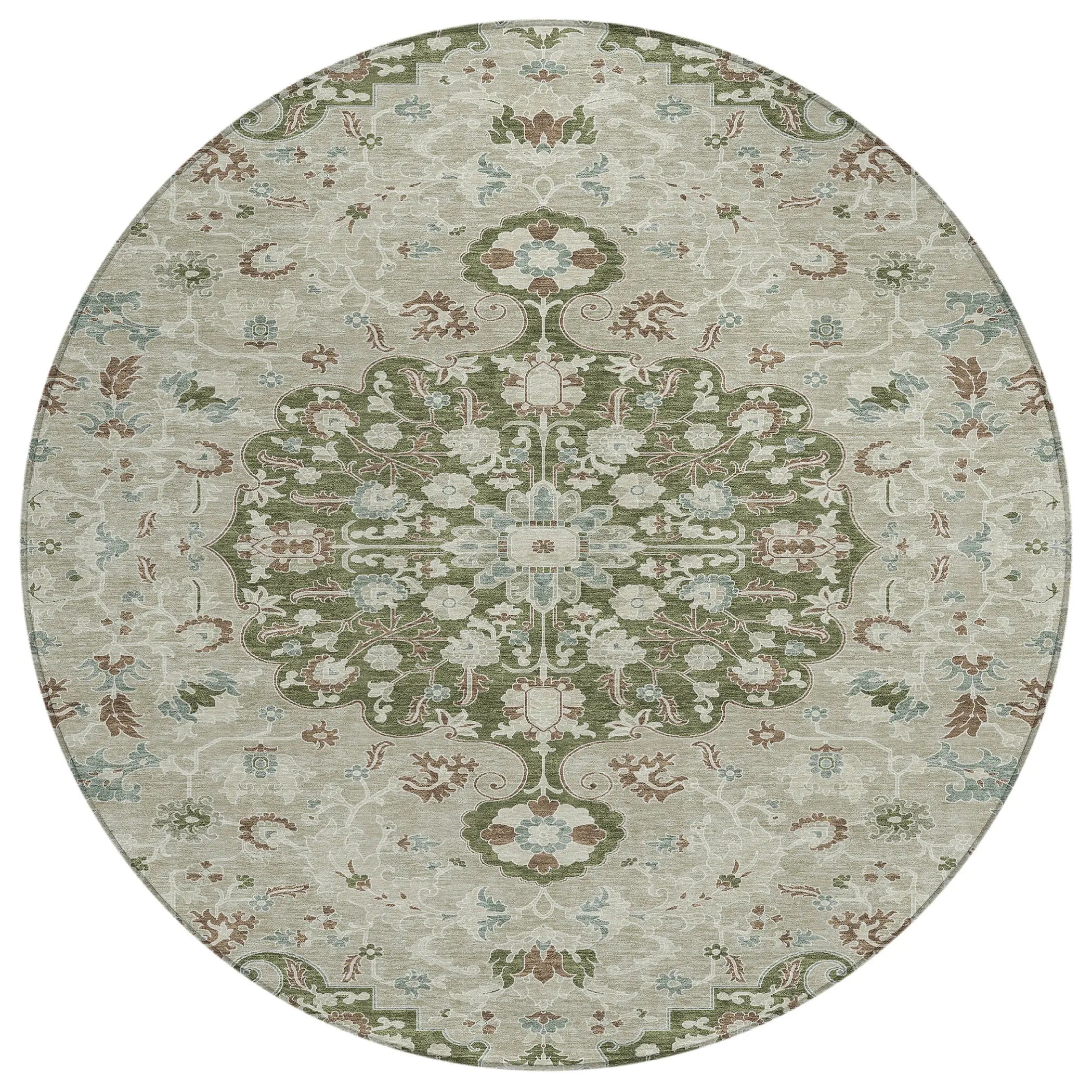 8' Olive Green And Sage Round Floral Medallion Washable Indoor Outdoor Area Rug Homeroots Outdoor
