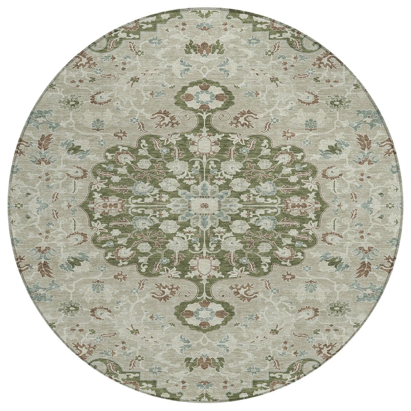 8' Olive Green And Sage Round Floral Medallion Washable Indoor Outdoor Area Rug Homeroots Outdoor