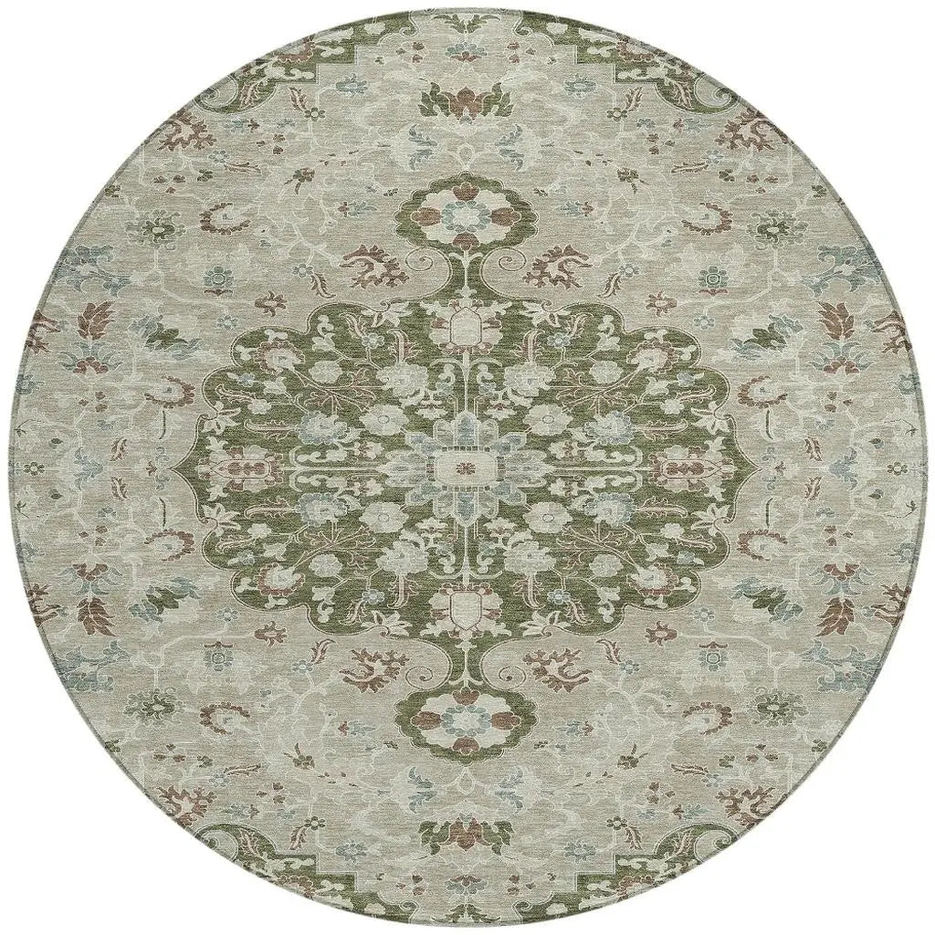 8' Olive Green And Sage Round Floral Medallion Washable Indoor Outdoor Area Rug Homeroots Outdoor