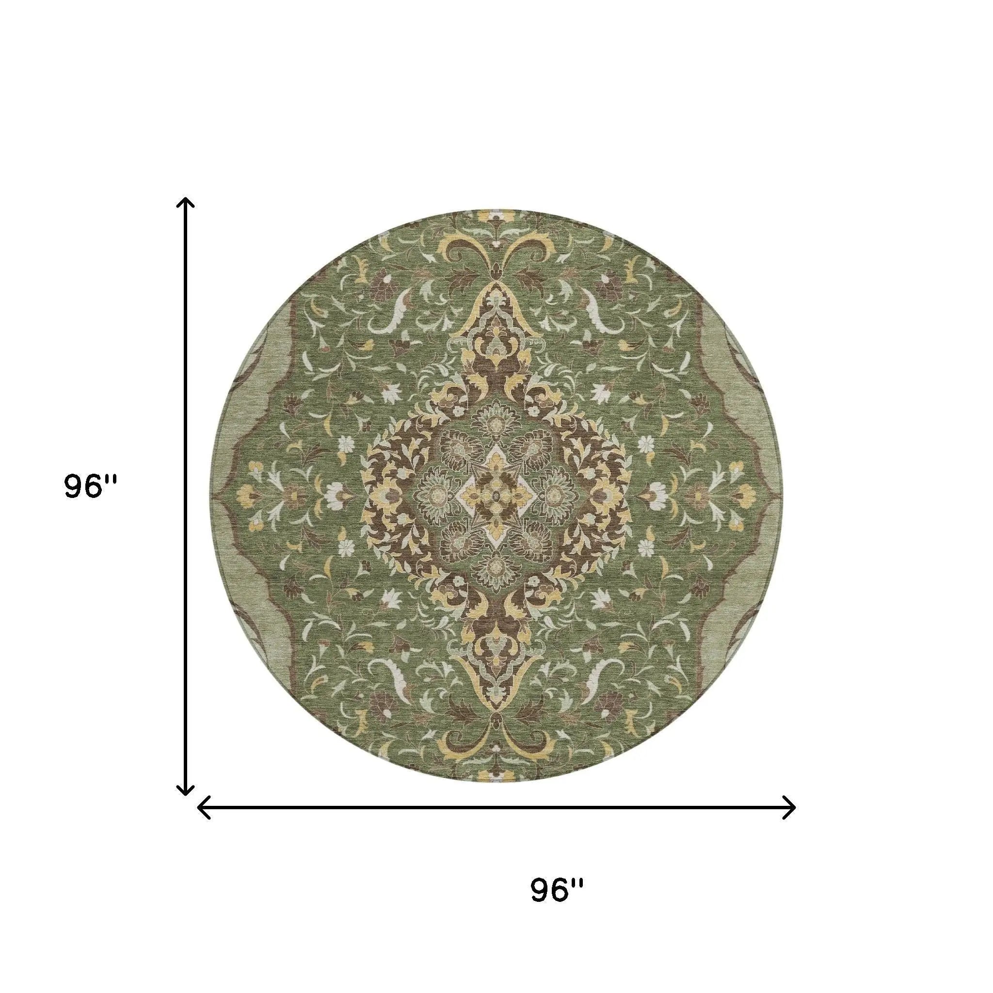 8' Olive Green And Taupe Round Medallion Washable Indoor Outdoor Area Rug Homeroots Outdoor