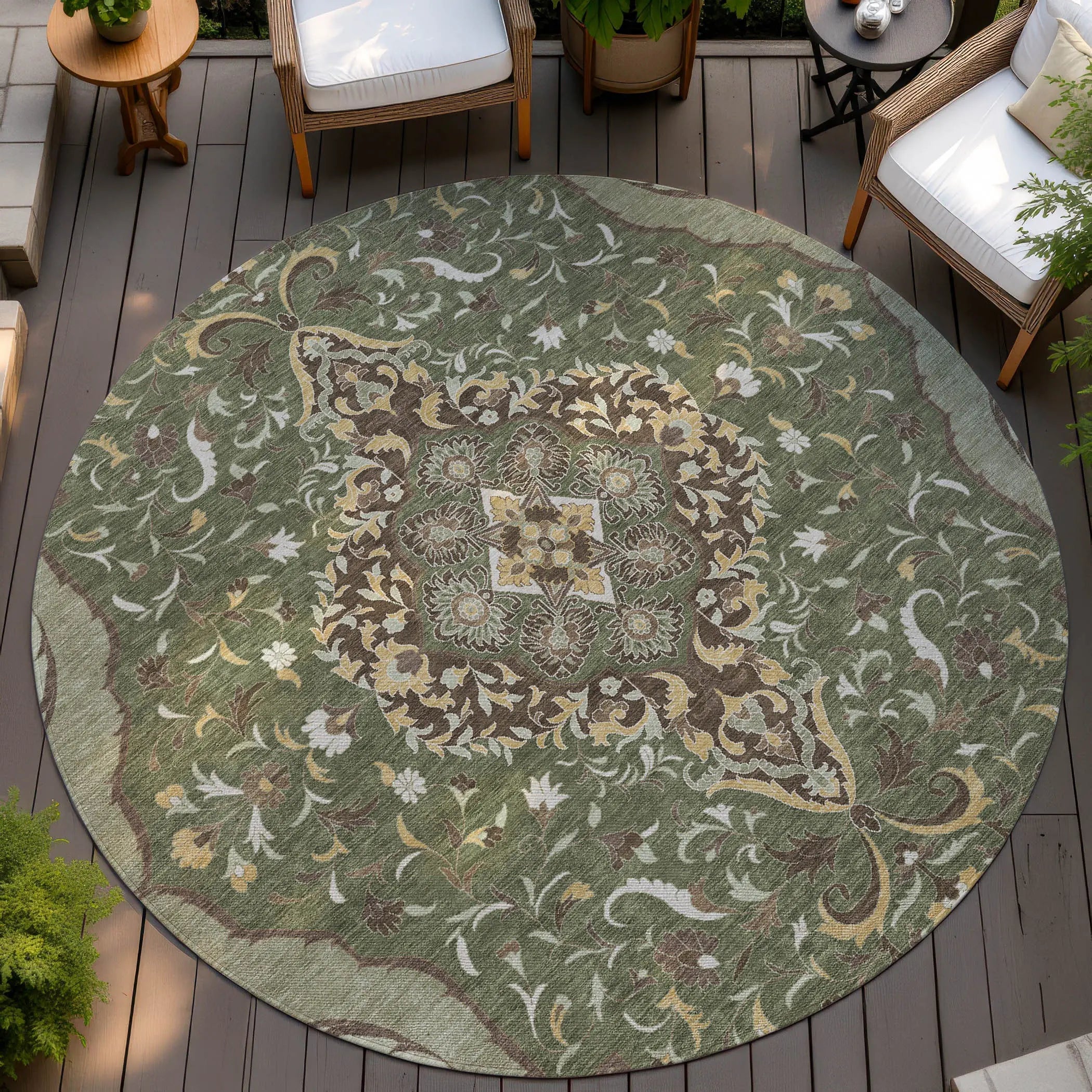 8' Olive Green And Taupe Round Medallion Washable Indoor Outdoor Area Rug Homeroots Outdoor