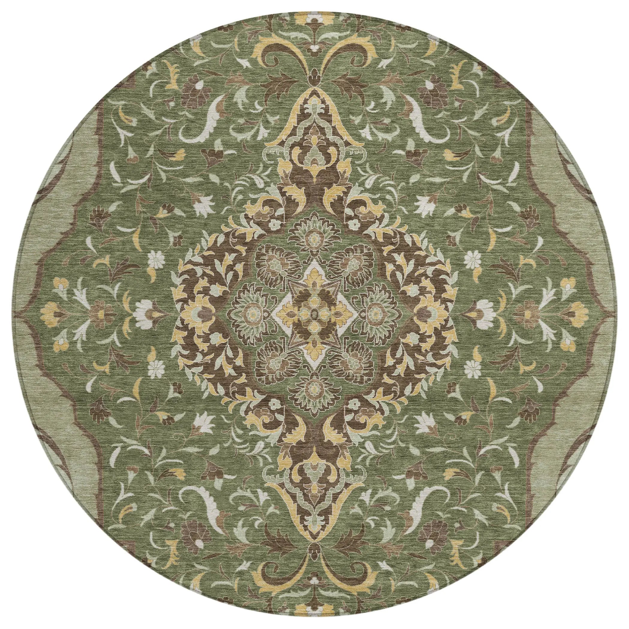 8' Olive Green And Taupe Round Medallion Washable Indoor Outdoor Area Rug Homeroots Outdoor