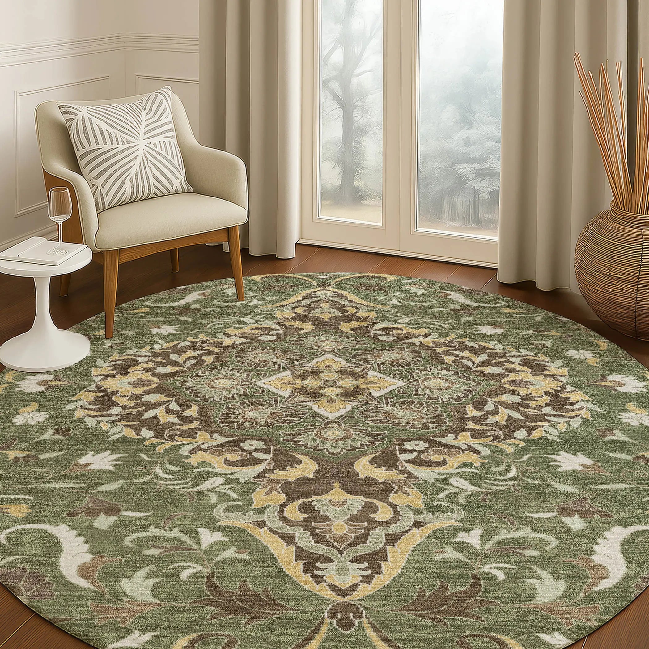 8' Olive Green And Taupe Round Medallion Washable Indoor Outdoor Area Rug Homeroots Outdoor