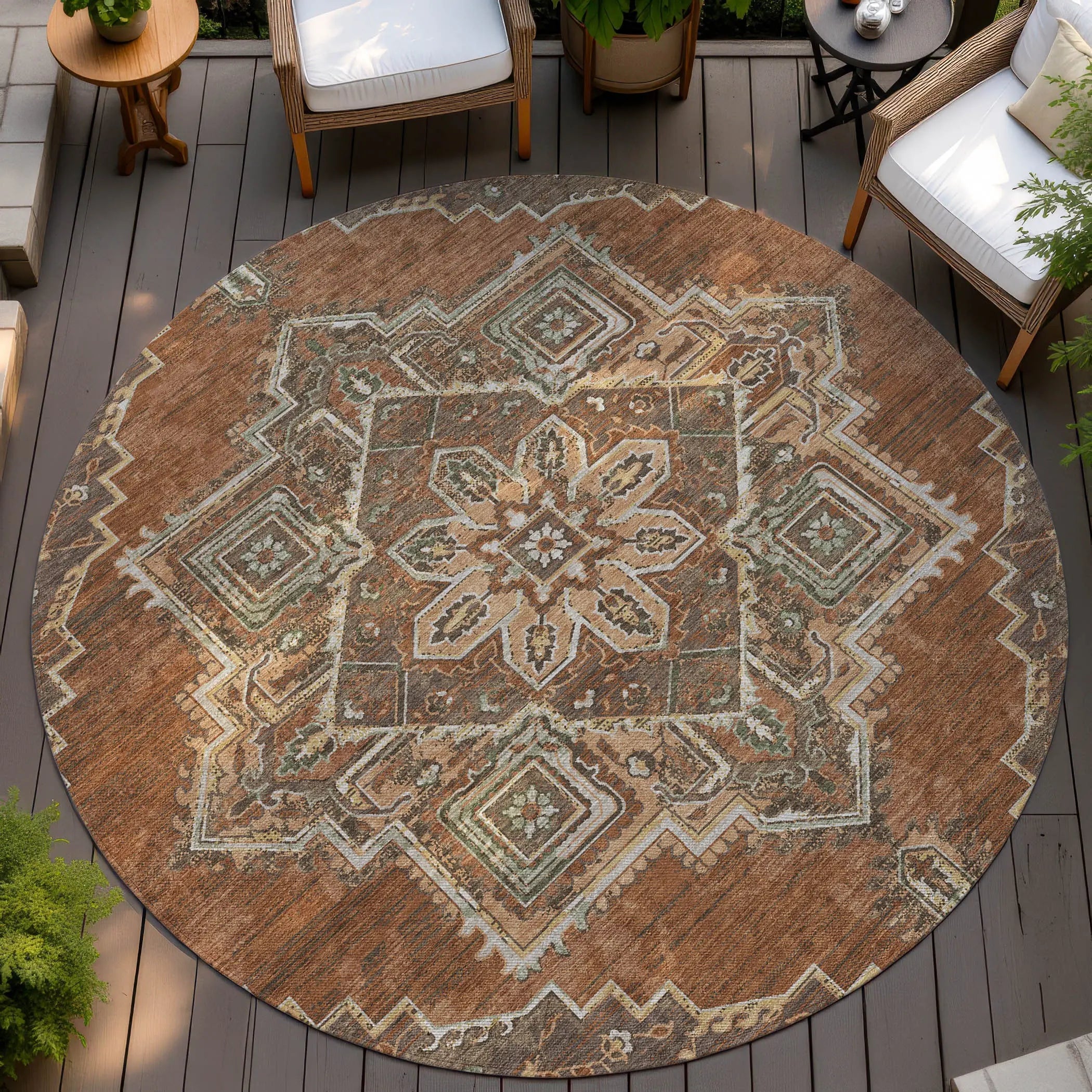 8' Orange And Aqua Round Oriental Washable Indoor Outdoor Area Rug Homeroots Outdoor