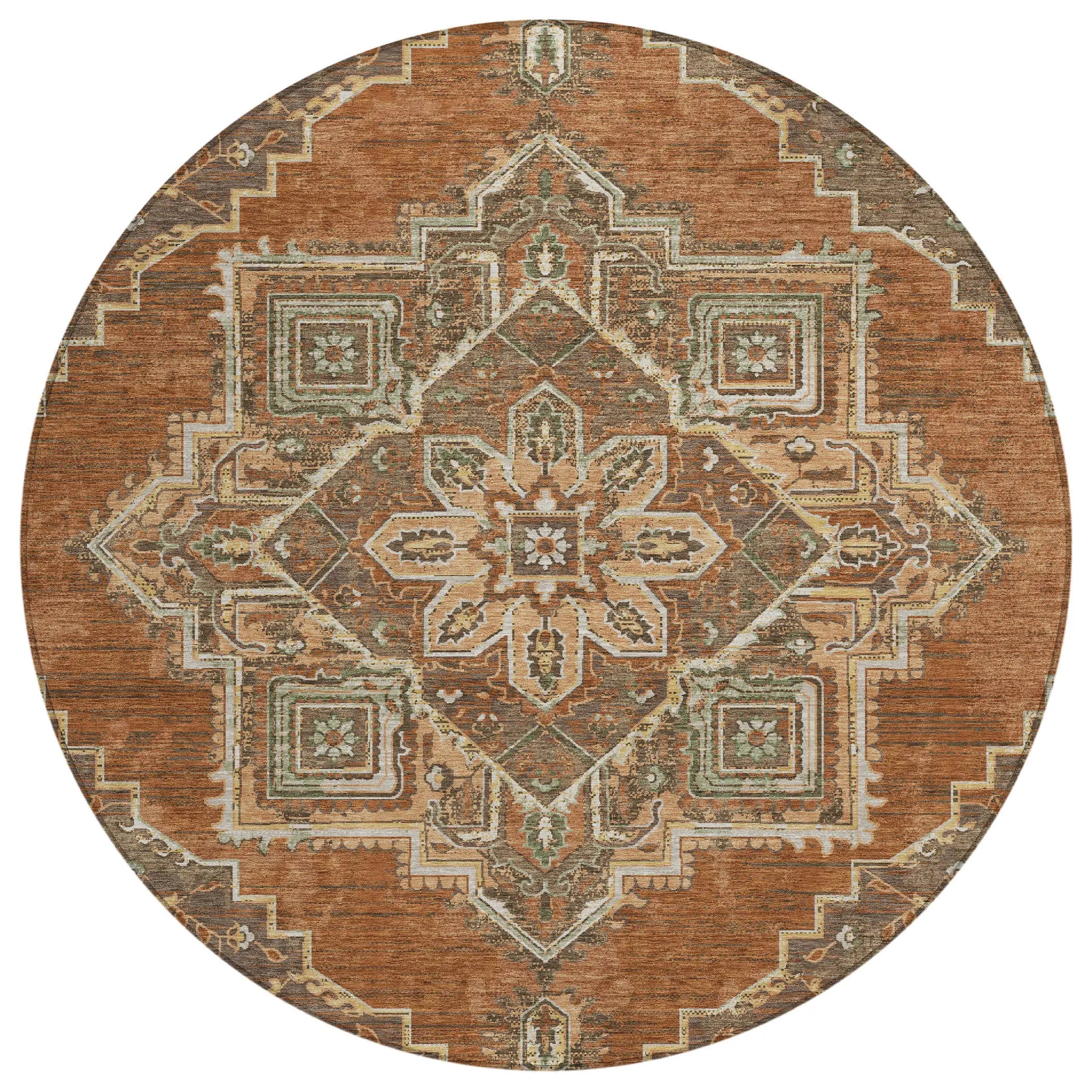 8' Orange And Aqua Round Oriental Washable Indoor Outdoor Area Rug Homeroots Outdoor