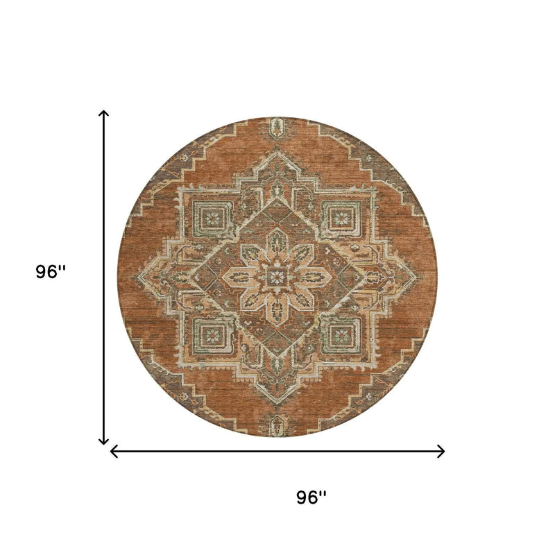 8' Orange And Aqua Round Oriental Washable Indoor Outdoor Area Rug Homeroots Outdoor