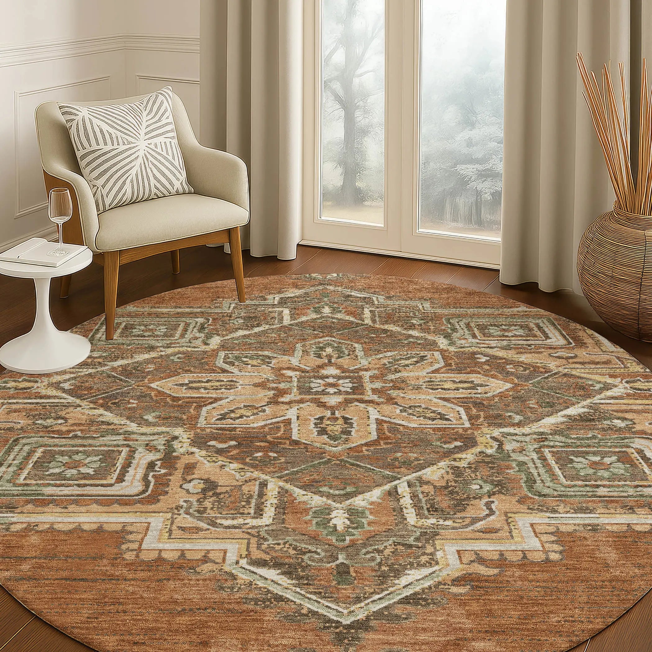 8' Orange And Aqua Round Oriental Washable Indoor Outdoor Area Rug Homeroots Outdoor