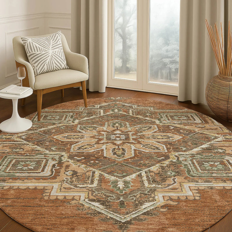 8' Orange And Aqua Round Oriental Washable Indoor Outdoor Area Rug Homeroots Outdoor