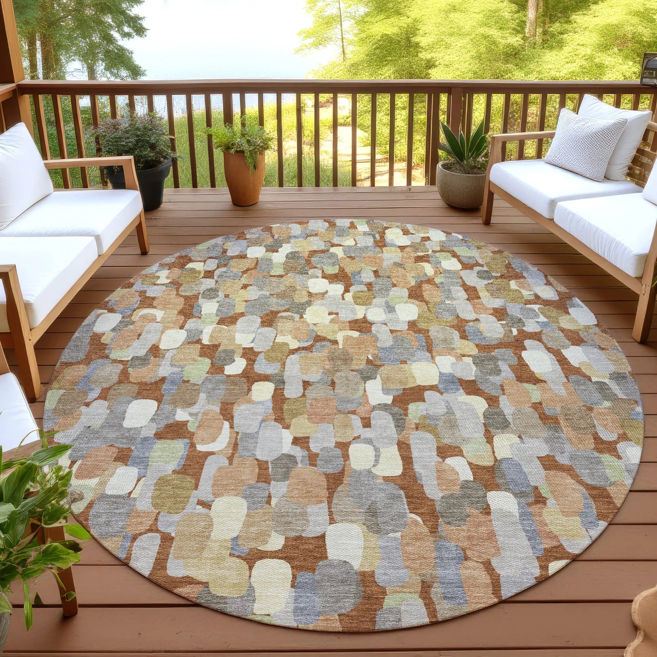 8' Orange And Beige Round Abstract Washable Indoor Outdoor Area Rug Homeroots Outdoor