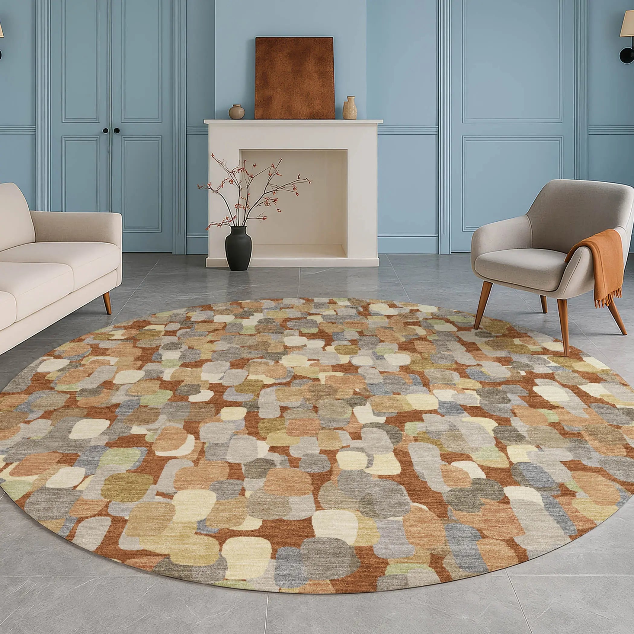 8' Orange And Beige Round Abstract Washable Indoor Outdoor Area Rug Homeroots Outdoor
