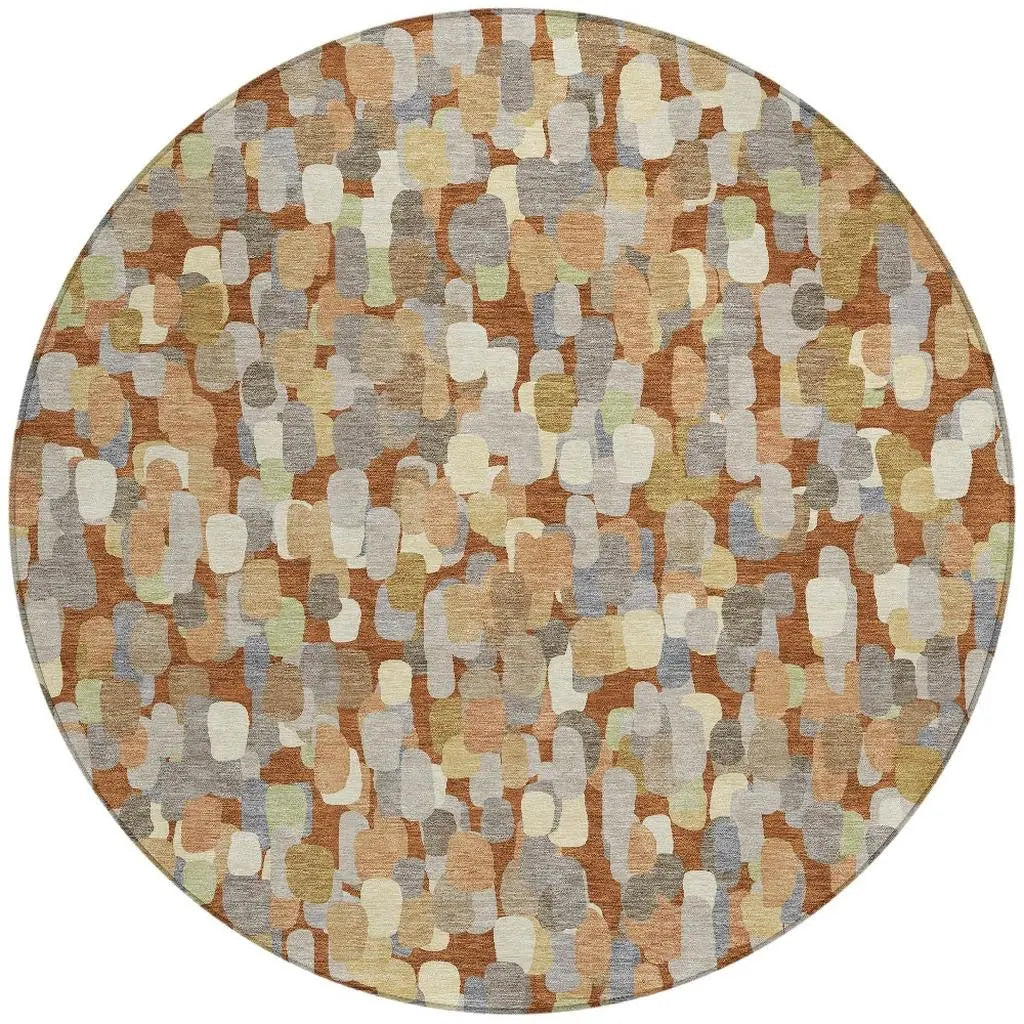 8' Orange And Beige Round Abstract Washable Indoor Outdoor Area Rug Homeroots Outdoor