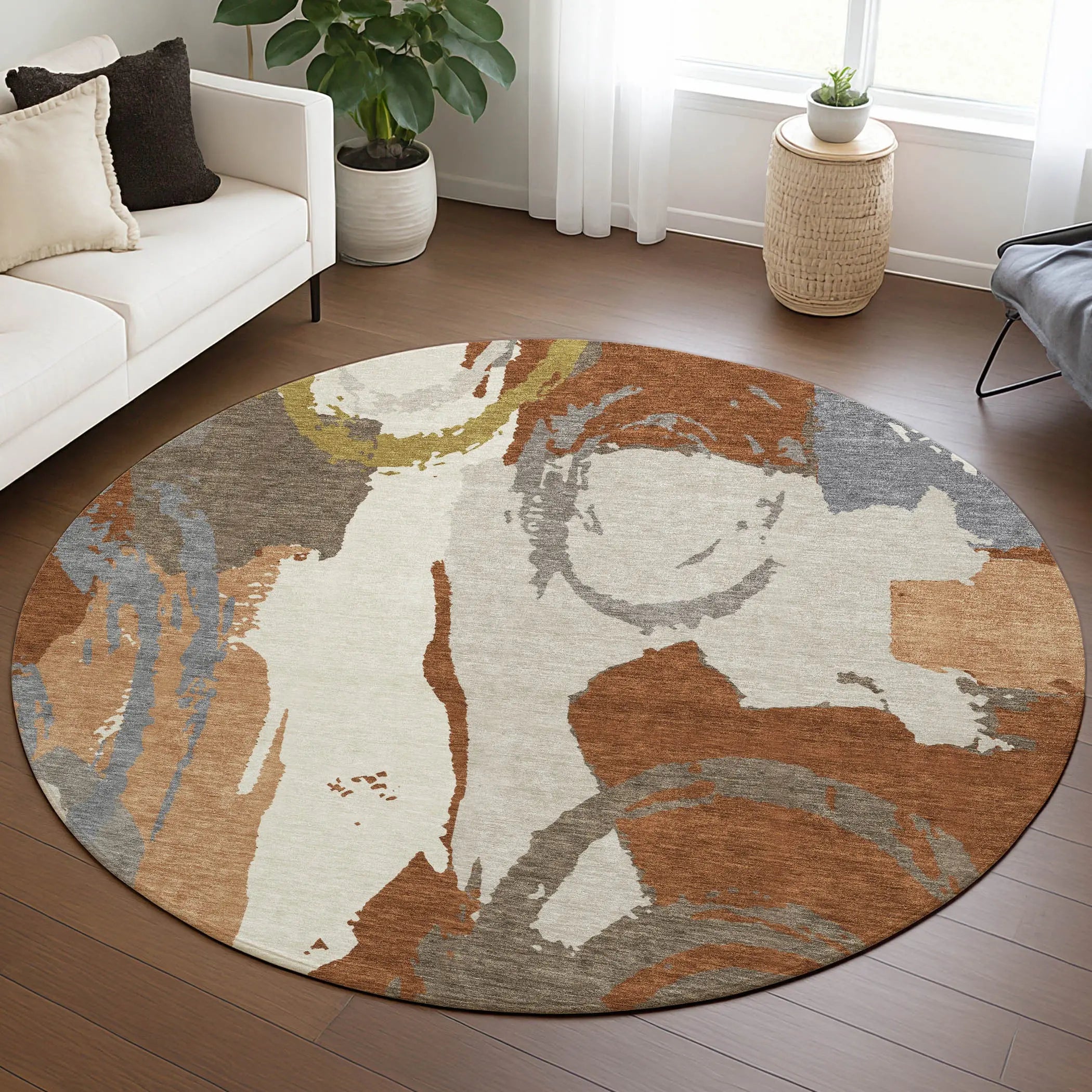 8' Orange And Beige Round Abstract Washable Indoor Outdoor Area Rug Homeroots Outdoor