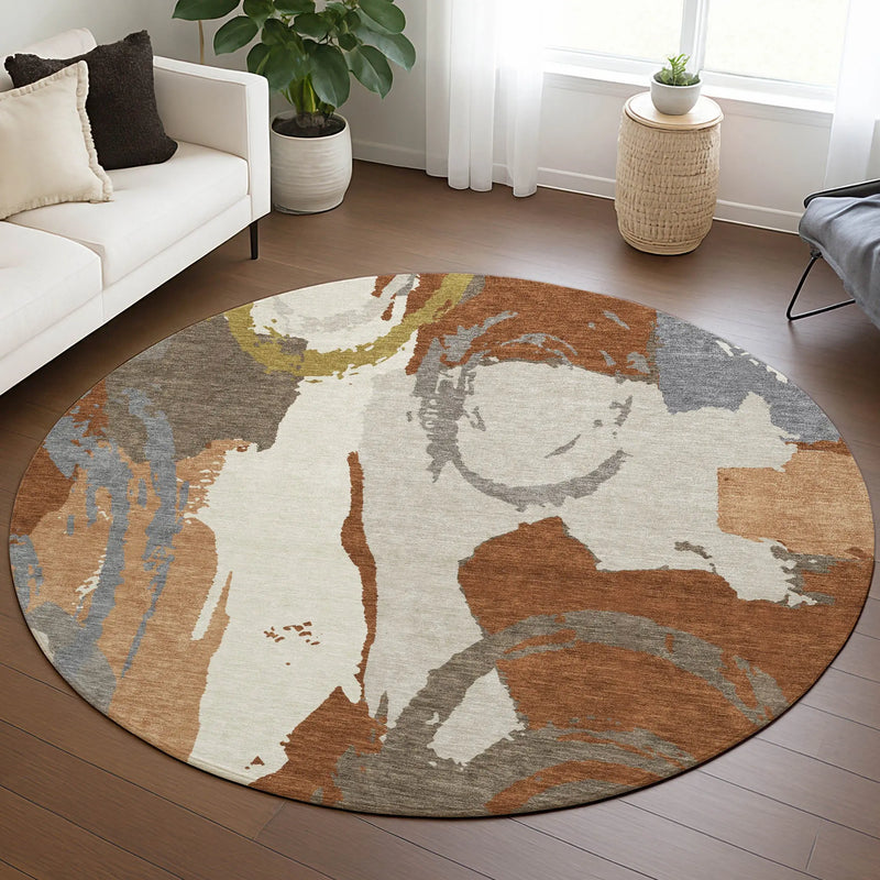 8' Orange And Beige Round Abstract Washable Indoor Outdoor Area Rug Homeroots Outdoor