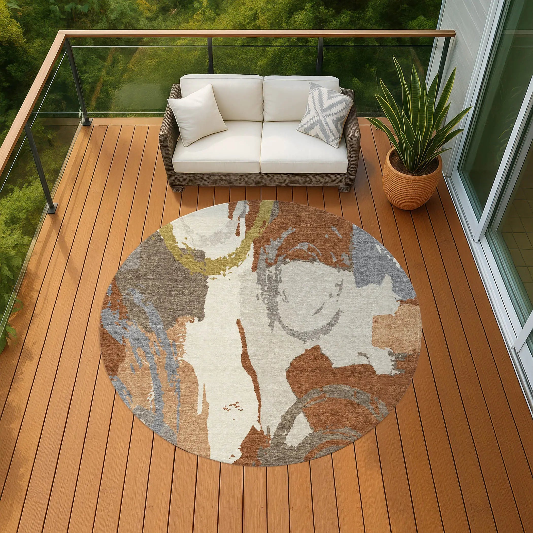 8' Orange And Beige Round Abstract Washable Indoor Outdoor Area Rug Homeroots Outdoor