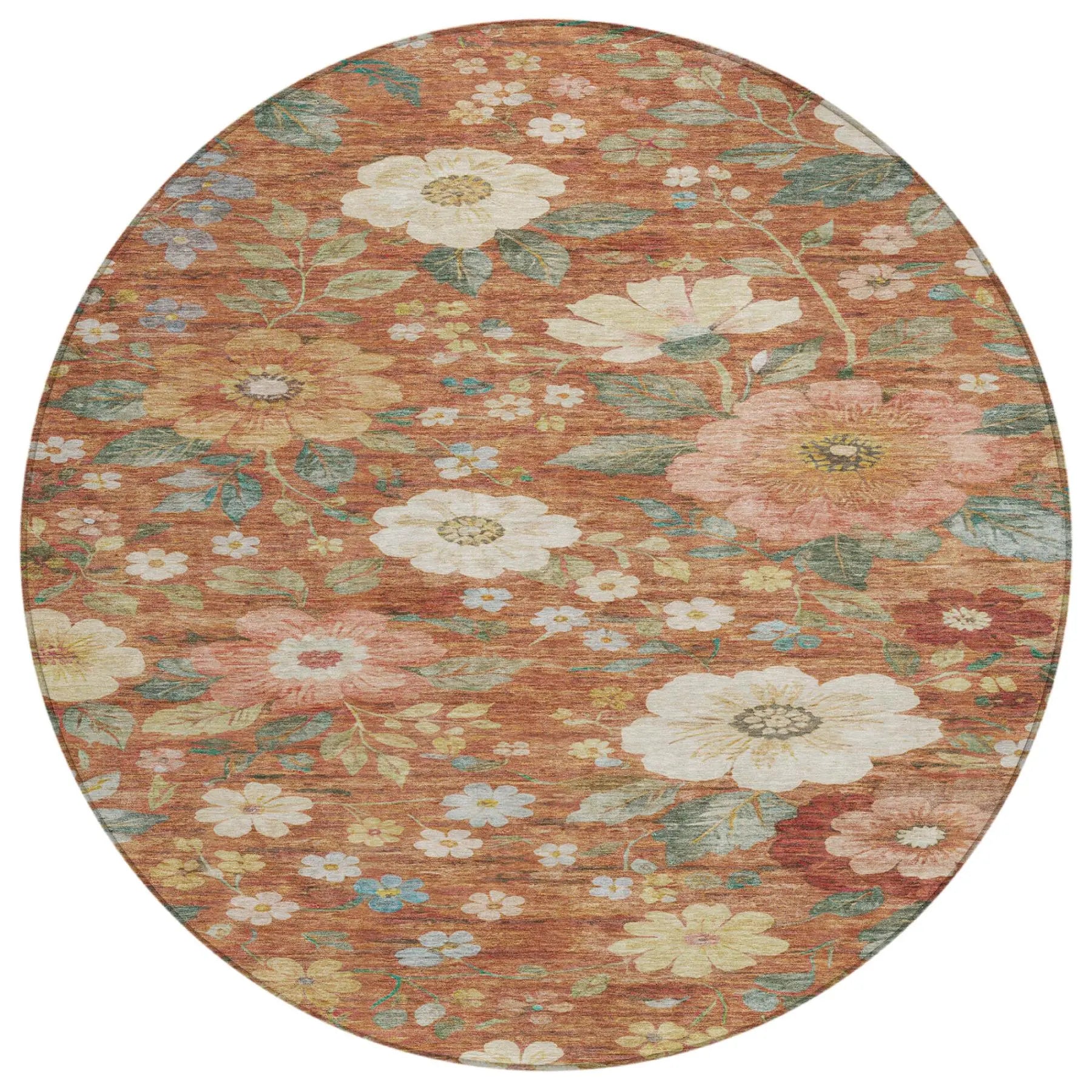 8' Orange And Beige Round Floral Washable Indoor Outdoor Area Rug Homeroots Outdoor