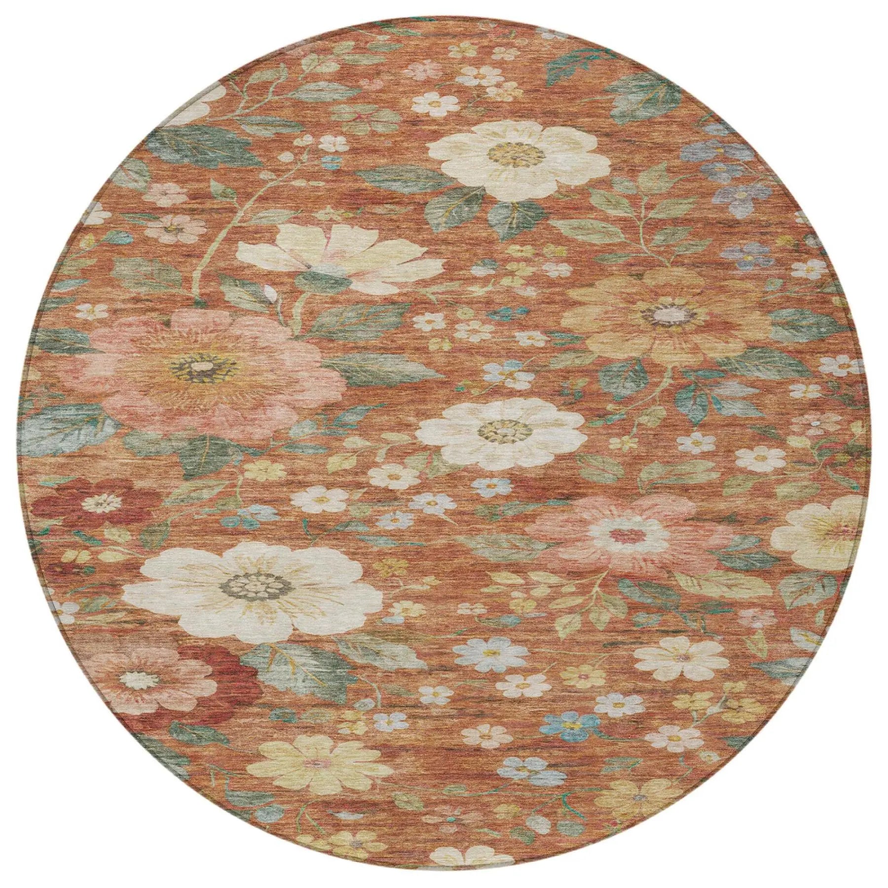 8' Orange And Beige Round Floral Washable Indoor Outdoor Area Rug Homeroots Outdoor