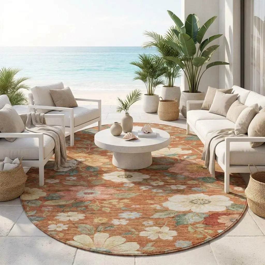 8' Orange And Beige Round Floral Washable Indoor Outdoor Area Rug Homeroots Outdoor