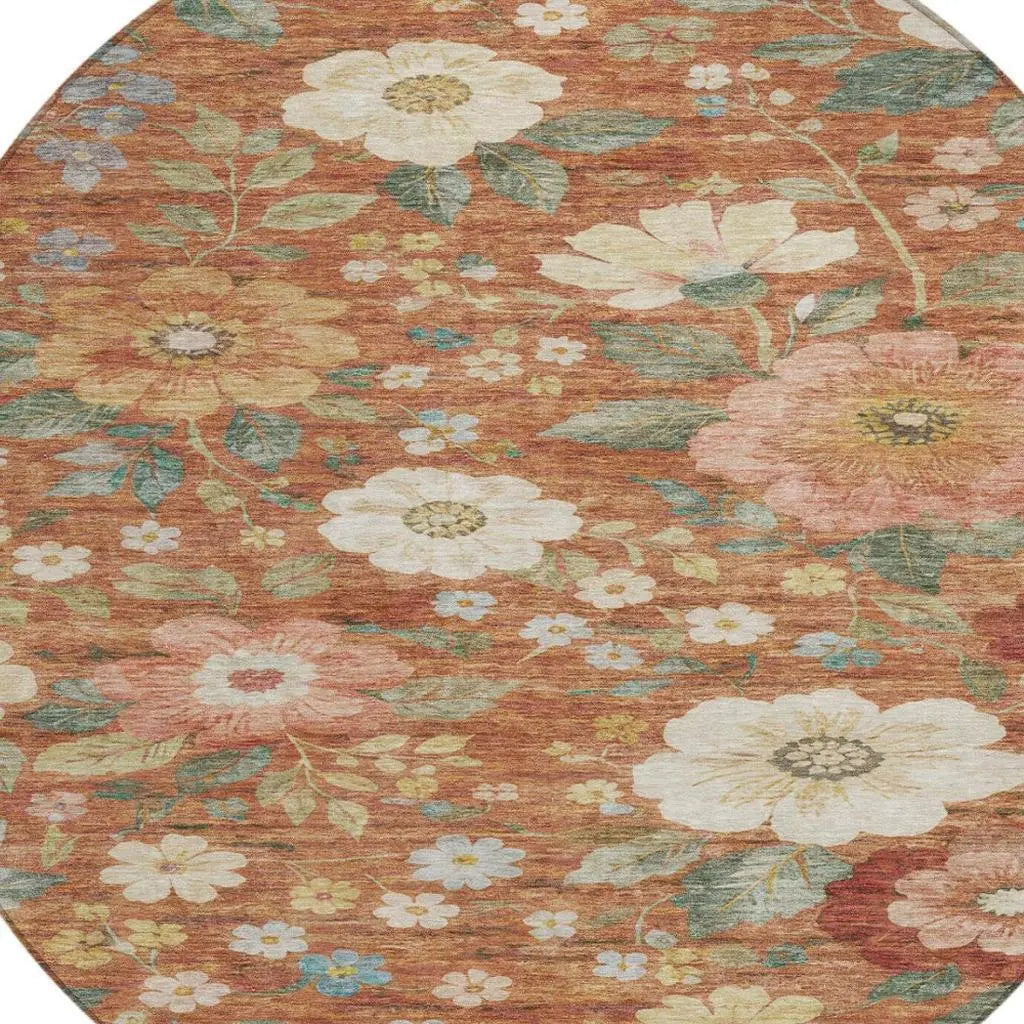 8' Orange And Beige Round Floral Washable Indoor Outdoor Area Rug Homeroots Outdoor