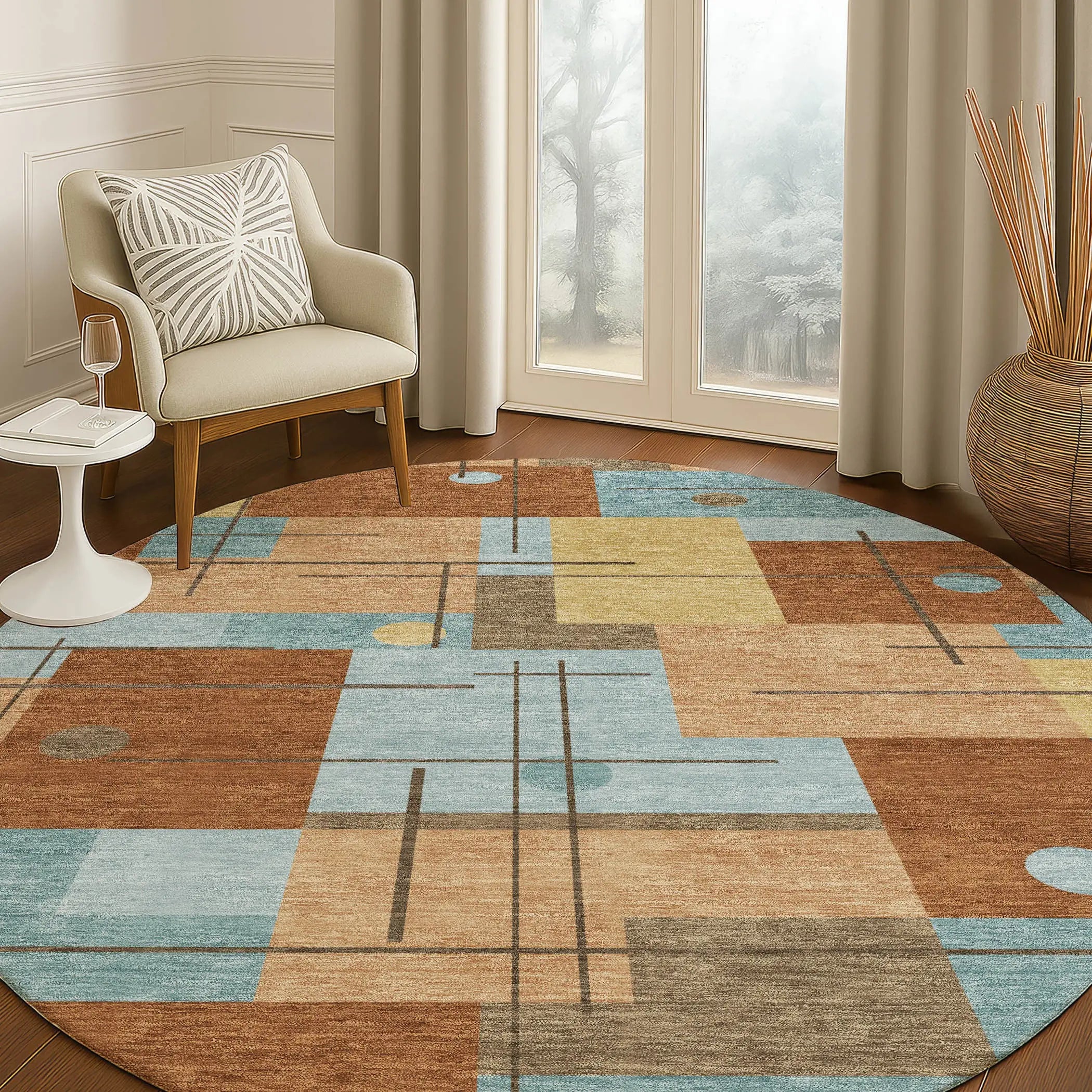 8' Orange And Beige Round Geometric Washable Indoor Outdoor Area Rug Homeroots Outdoor