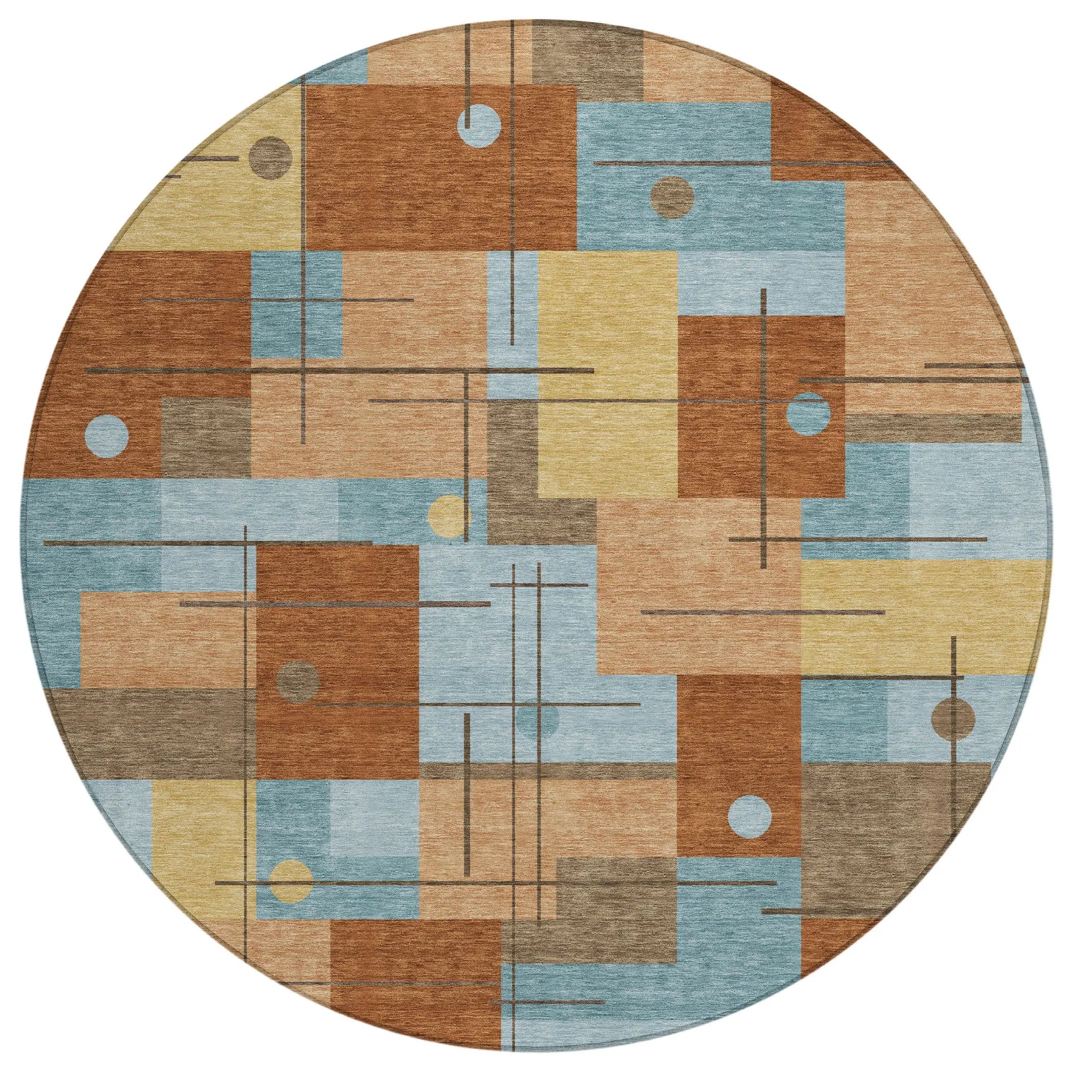 8' Orange And Beige Round Geometric Washable Indoor Outdoor Area Rug Homeroots Outdoor