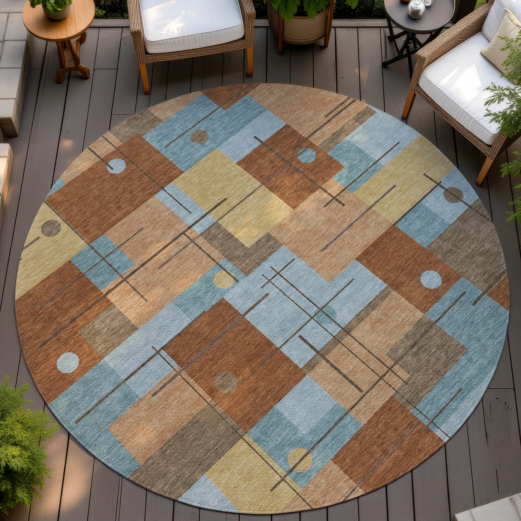 8' Orange And Beige Round Geometric Washable Indoor Outdoor Area Rug Homeroots Outdoor