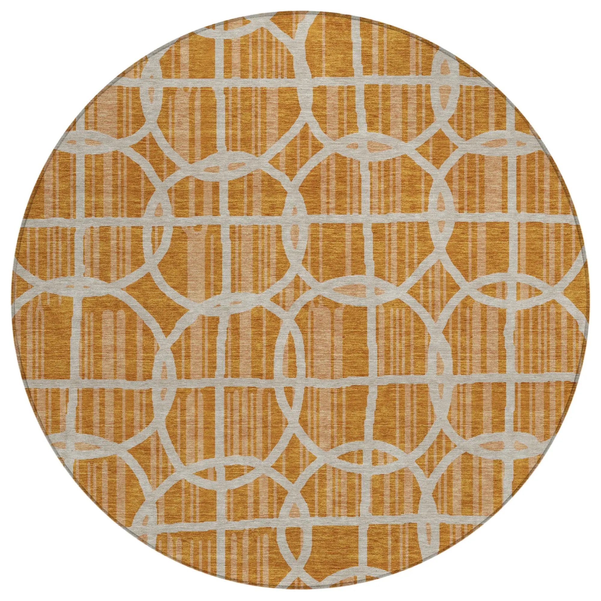 8' Orange And Beige Round Geometric Washable Indoor Outdoor Area Rug Homeroots Outdoor