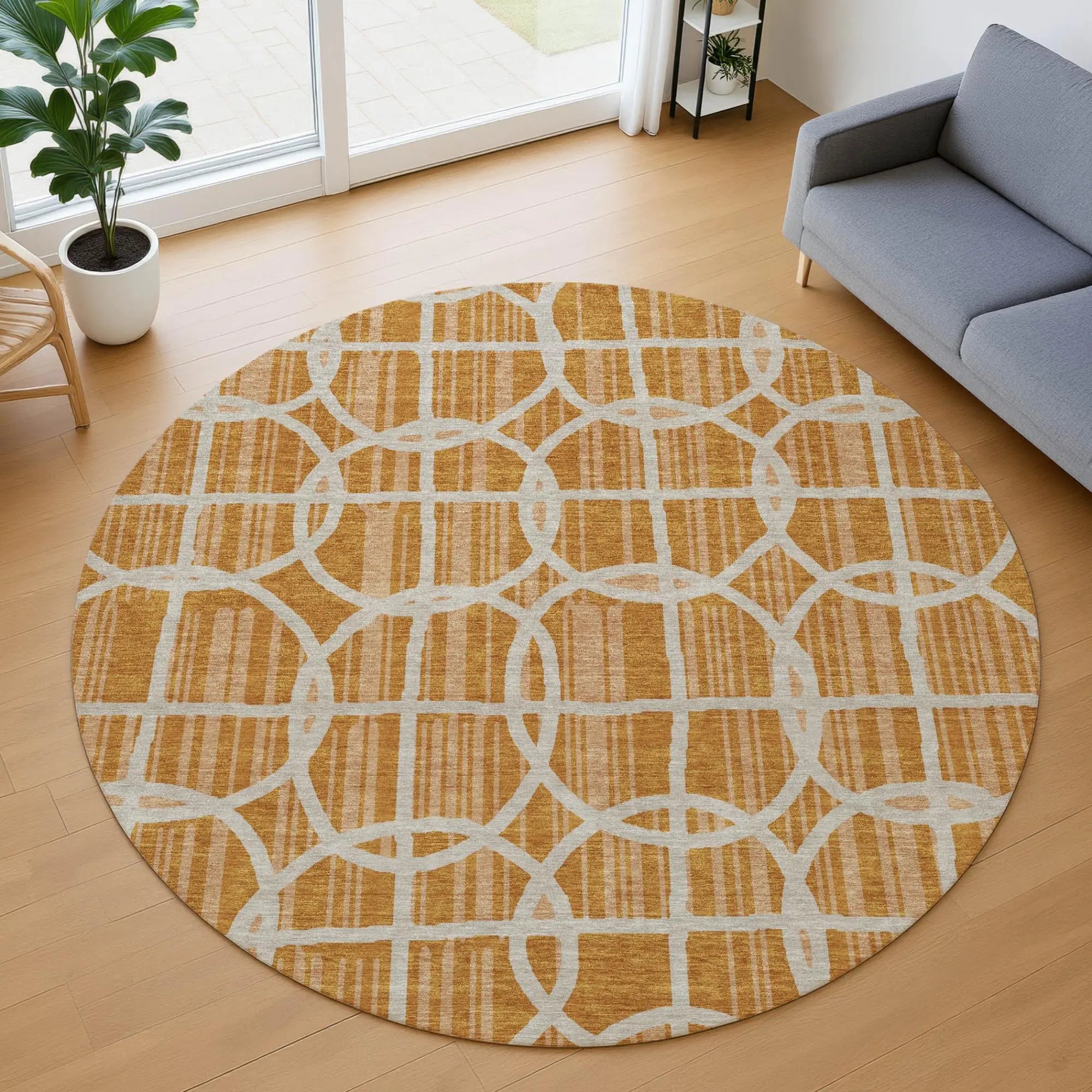 8' Orange And Beige Round Geometric Washable Indoor Outdoor Area Rug Homeroots Outdoor